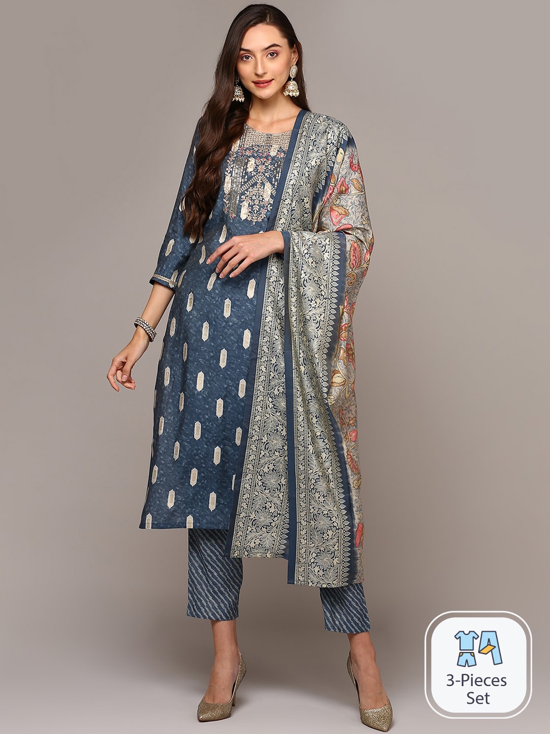 

AHIKA Ethnic Motifs Printed Regular Thread Work Kurta with Trousers & Dupatta, Blue