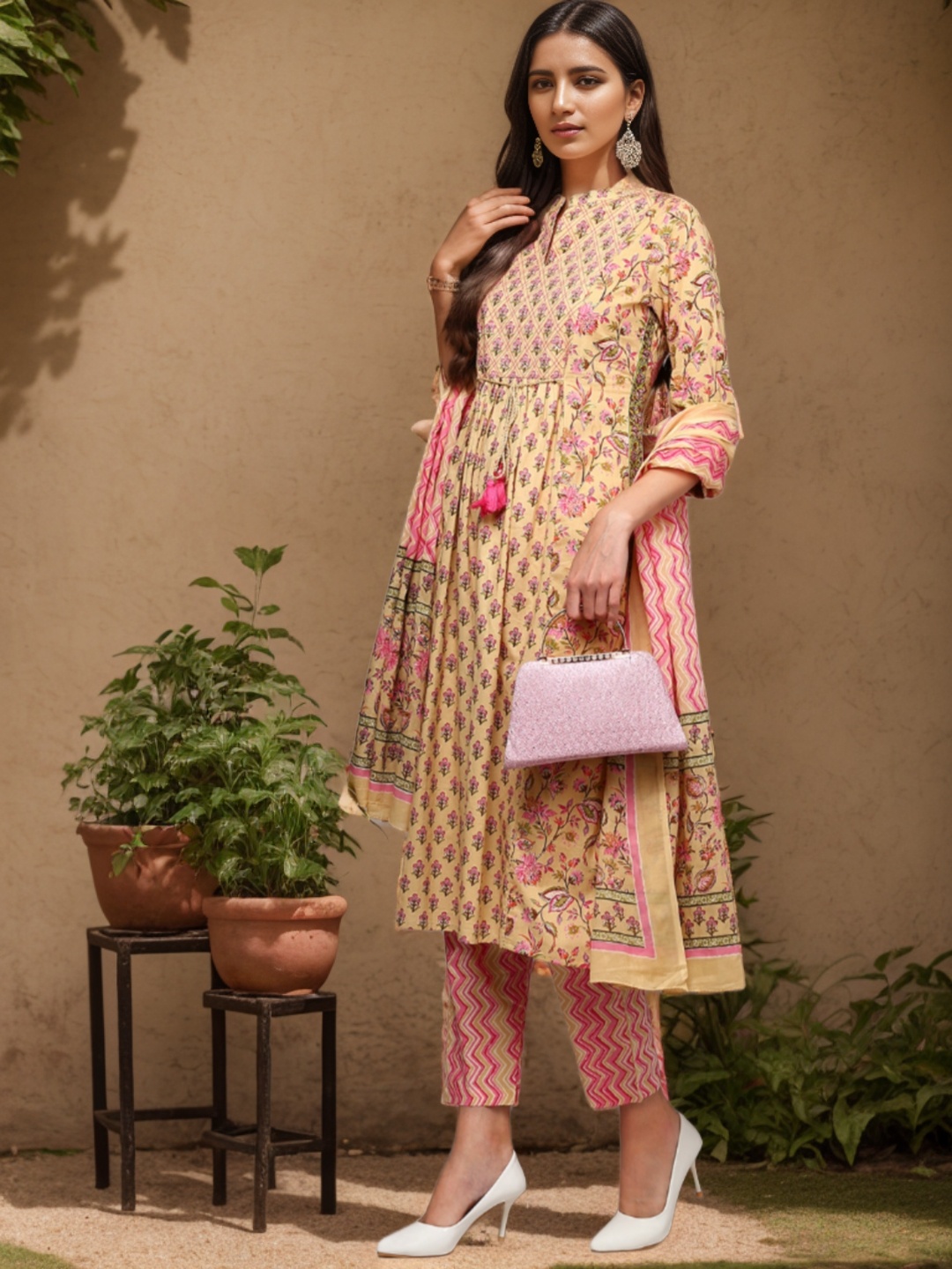 

AHIKA Floral Printed Anarkali Pure Cotton Kurta with Trousers & Dupatta, Cream