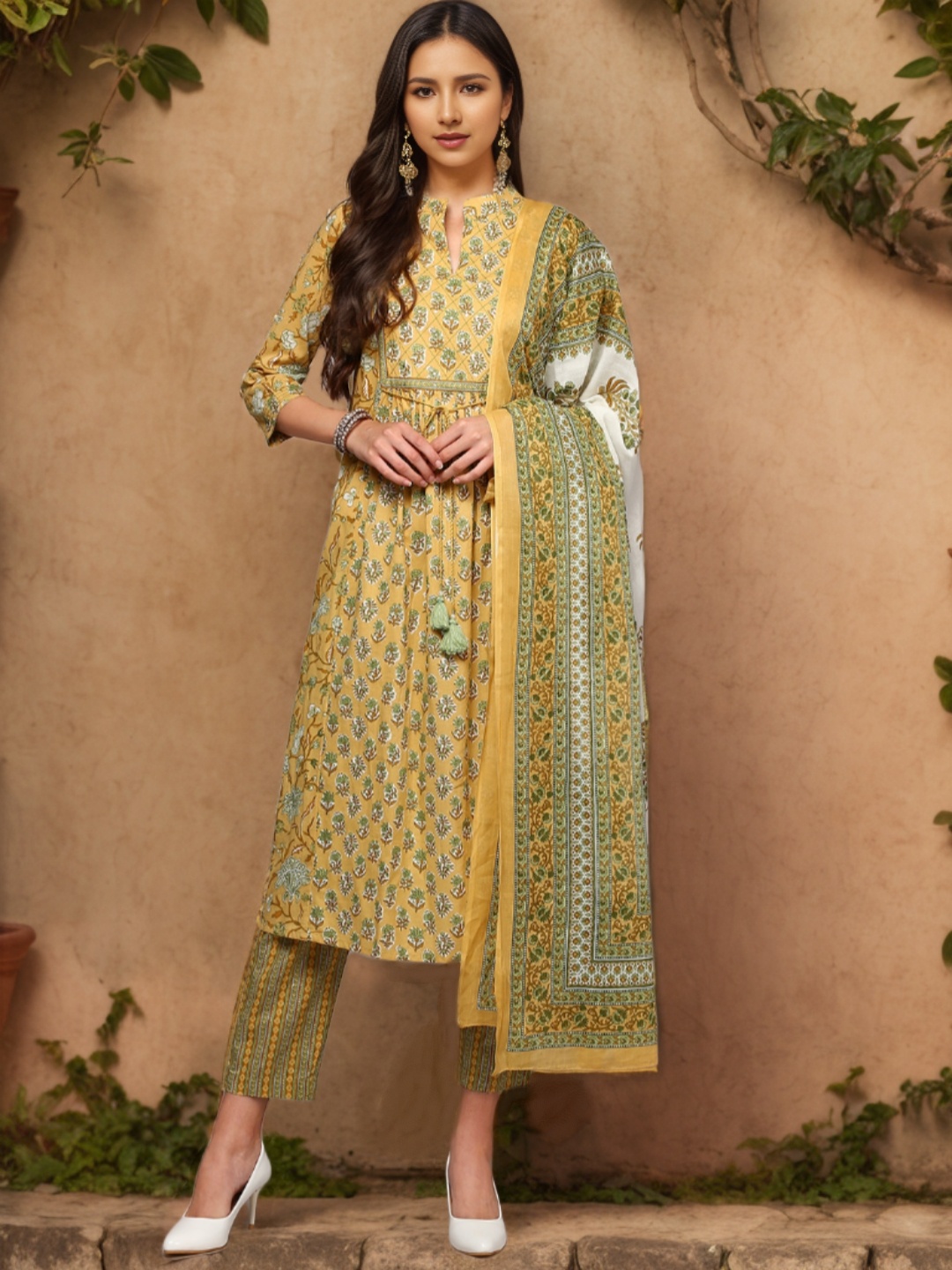 

AHIKA Ethnic Motifs Printed Pure Cotton Kurta with Trousers & Dupatta, Yellow