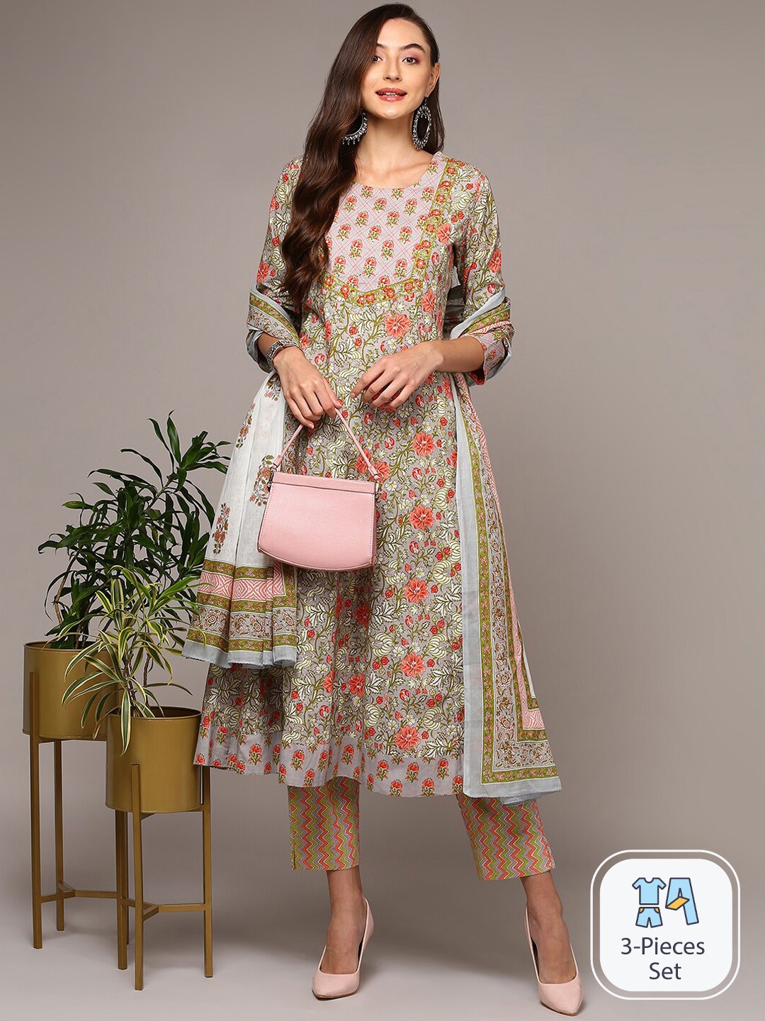 

AHIKA Floral Printed Anarkali Pure Cotton Kurta with Trousers & Dupatta, White