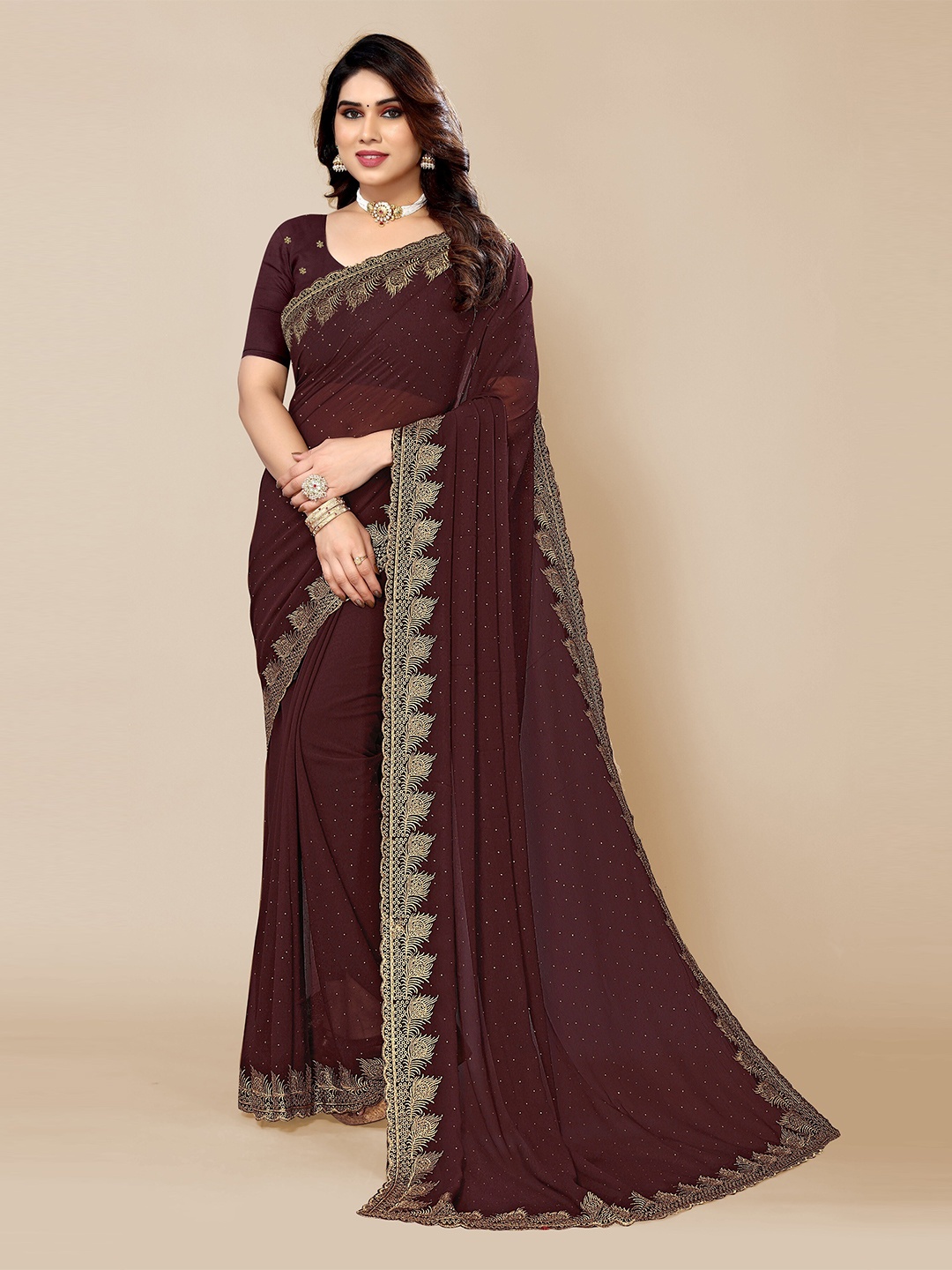 

FABMORA Polka Dot Embroidered Saree, Brown