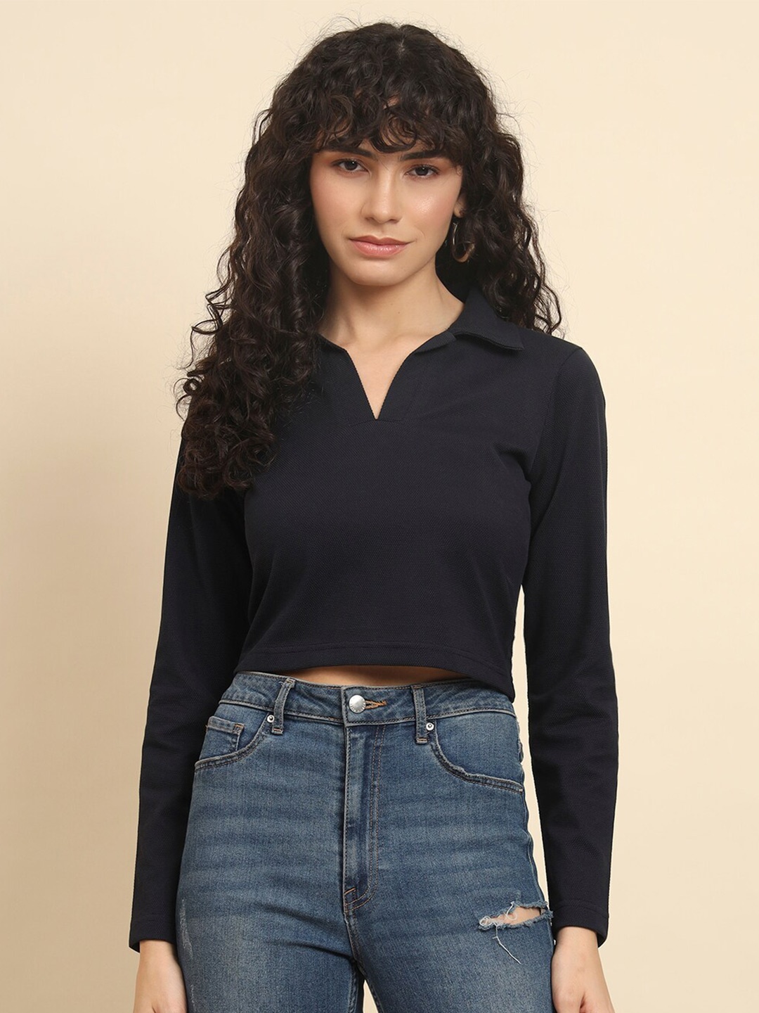 

Trend Arrest Shirt Collar Long Sleeves Crop Top, Navy blue