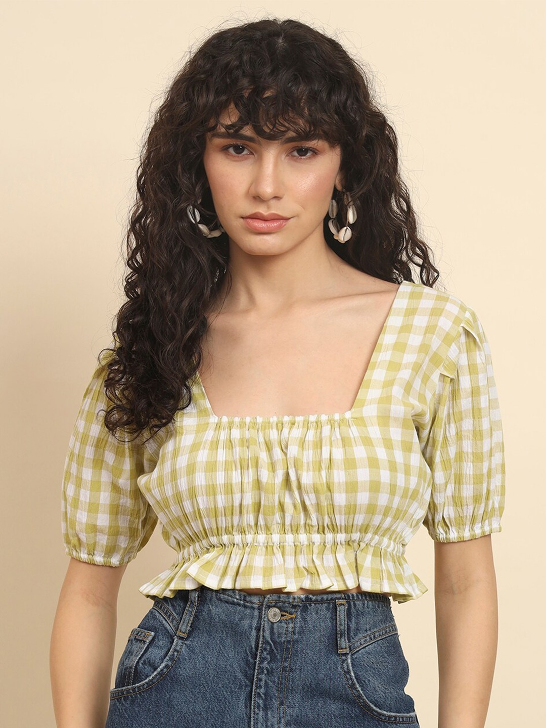 

Trend Arrest Checked Puff Sleeves Crop Top, Green