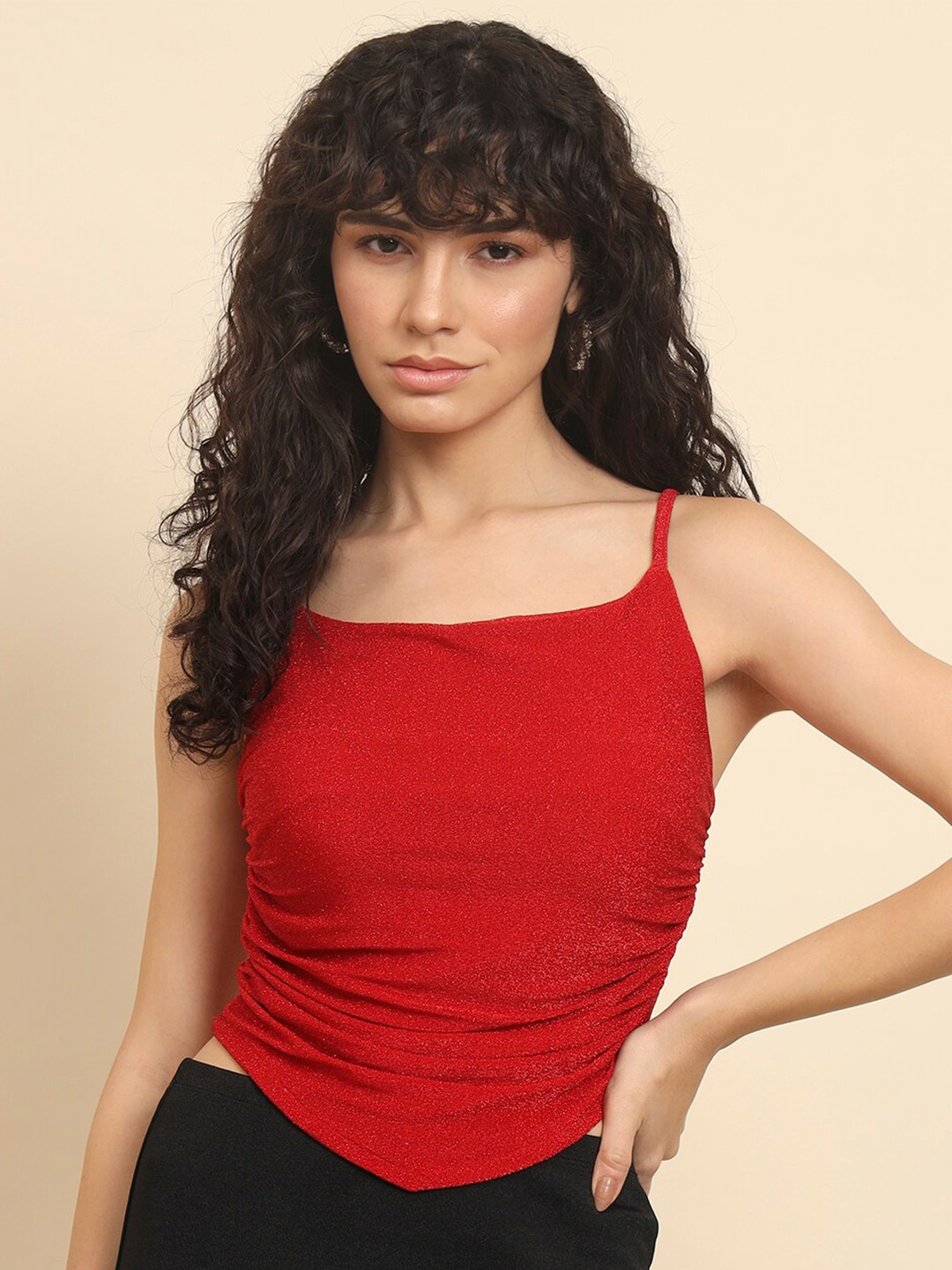 

Trend Arrest Shoulder Straps Ruched Fitted Crop Top, Red