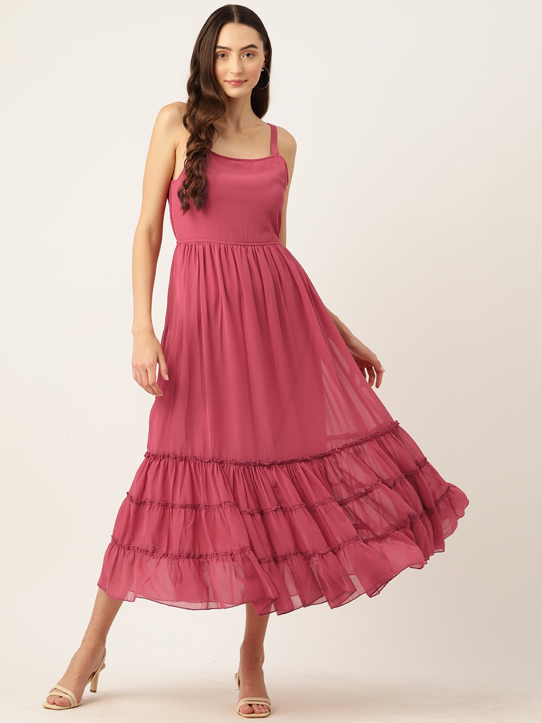 

WISSTLER Georgette Smocked Tiered Fit & Flare Midi Dress, Pink