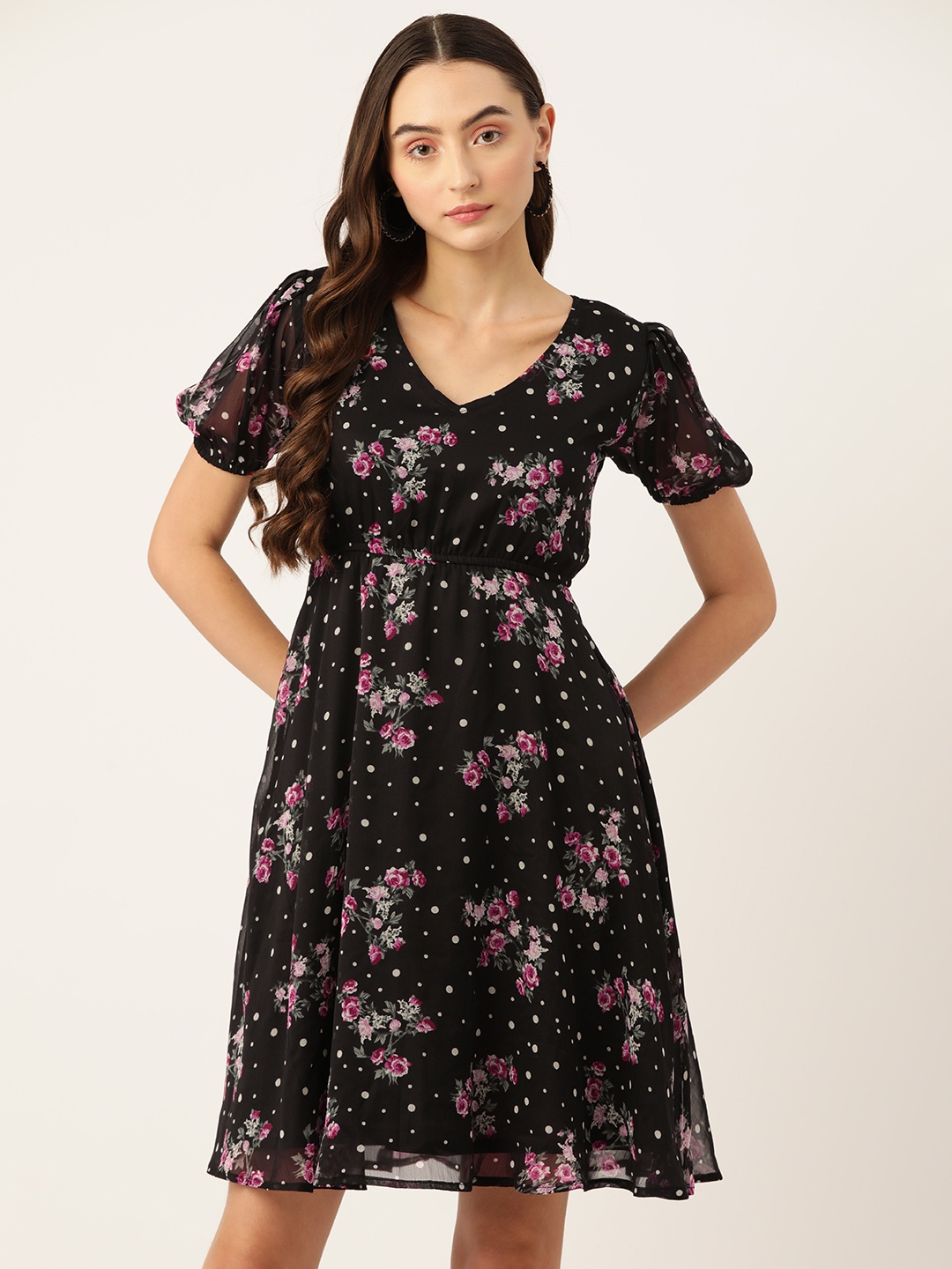 

WISSTLER Floral Print Puff Sleeves Chiffon A-Line Dress, Black