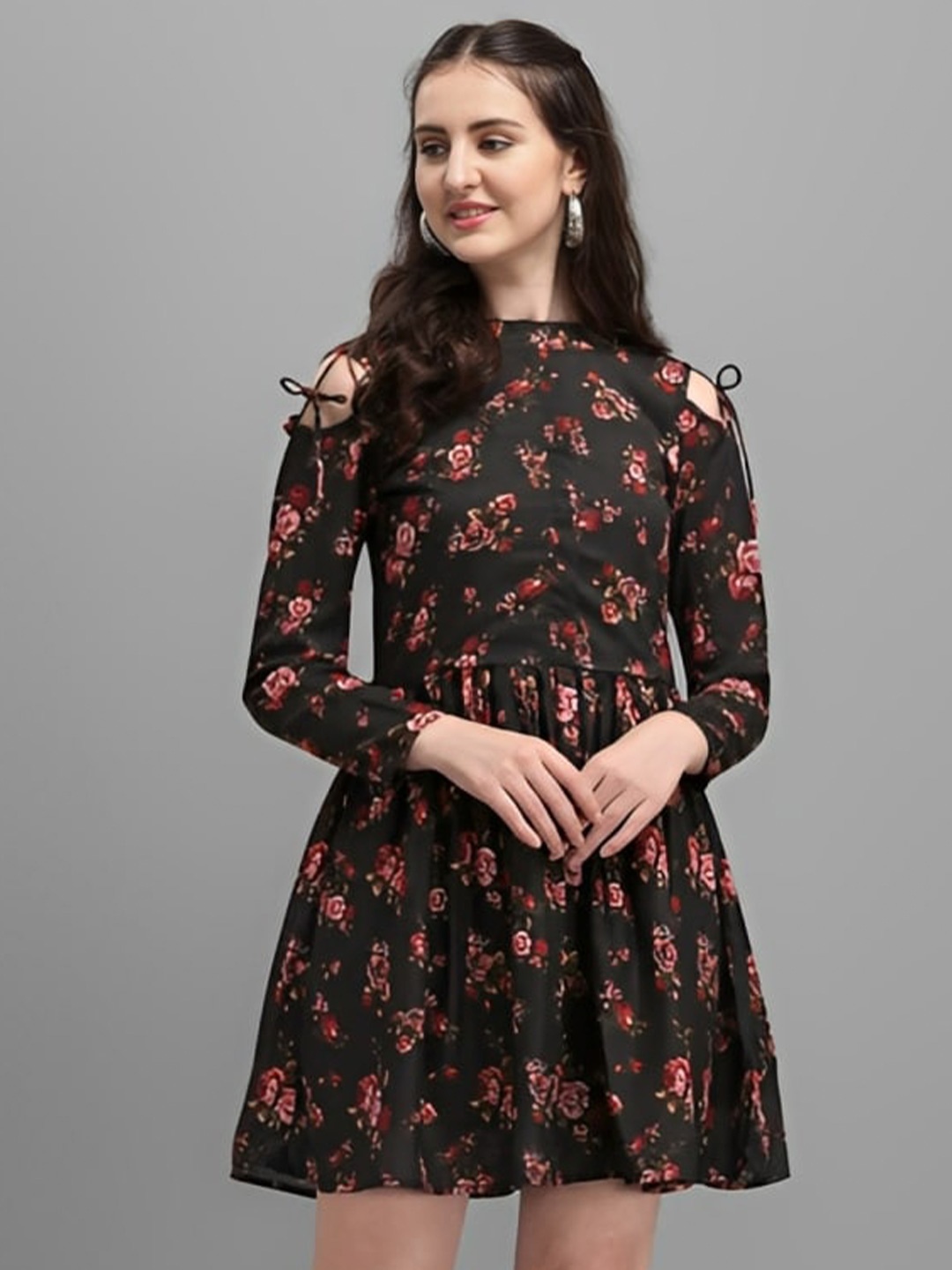 

WESTHOOD Floral Printed Cold-Shoulder Sleeves Fit & Flare Dress, Black