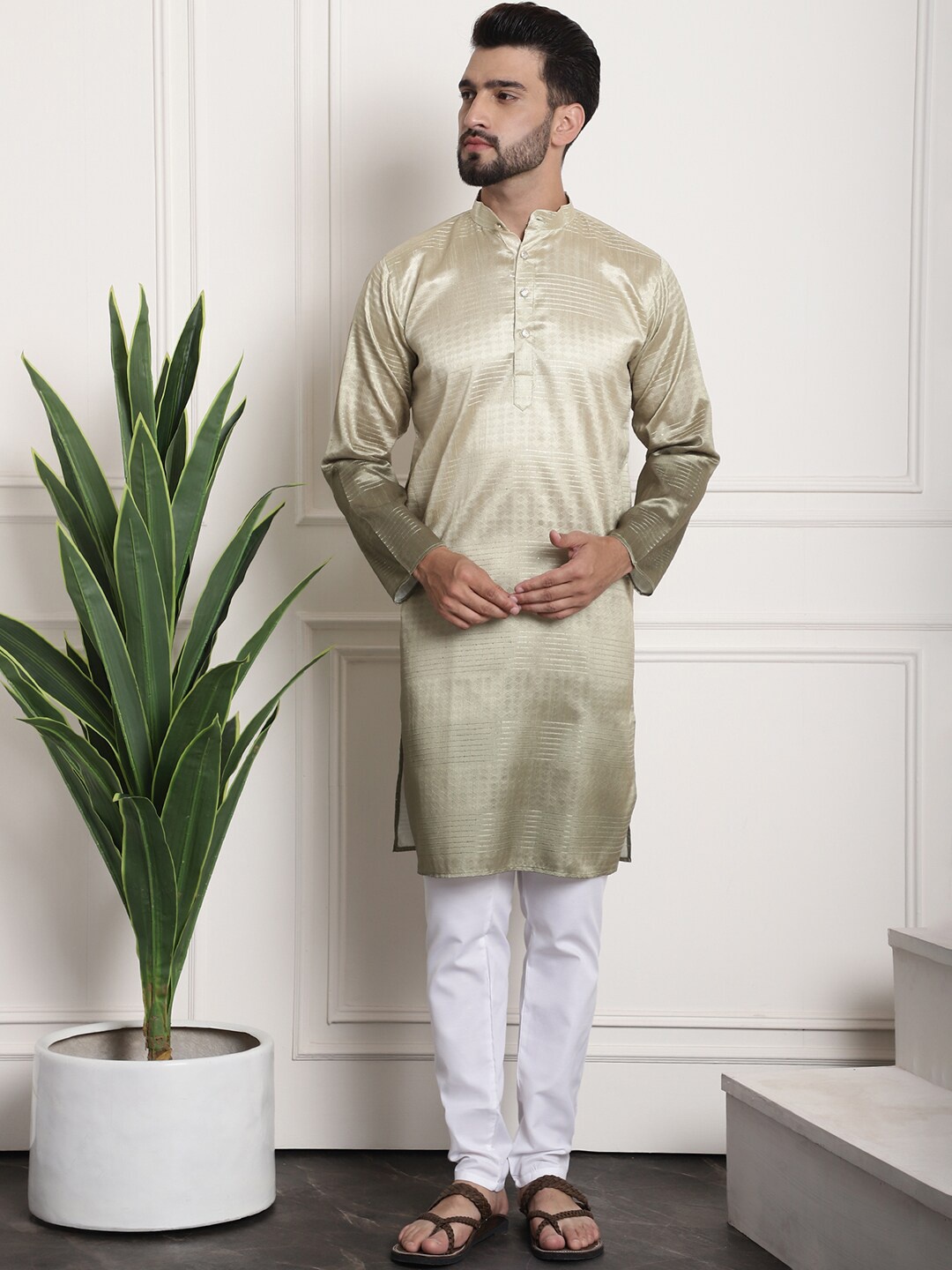 

SOJANYA Striped Woven Design Mandarin Collar Kurta With Churidar, Gold