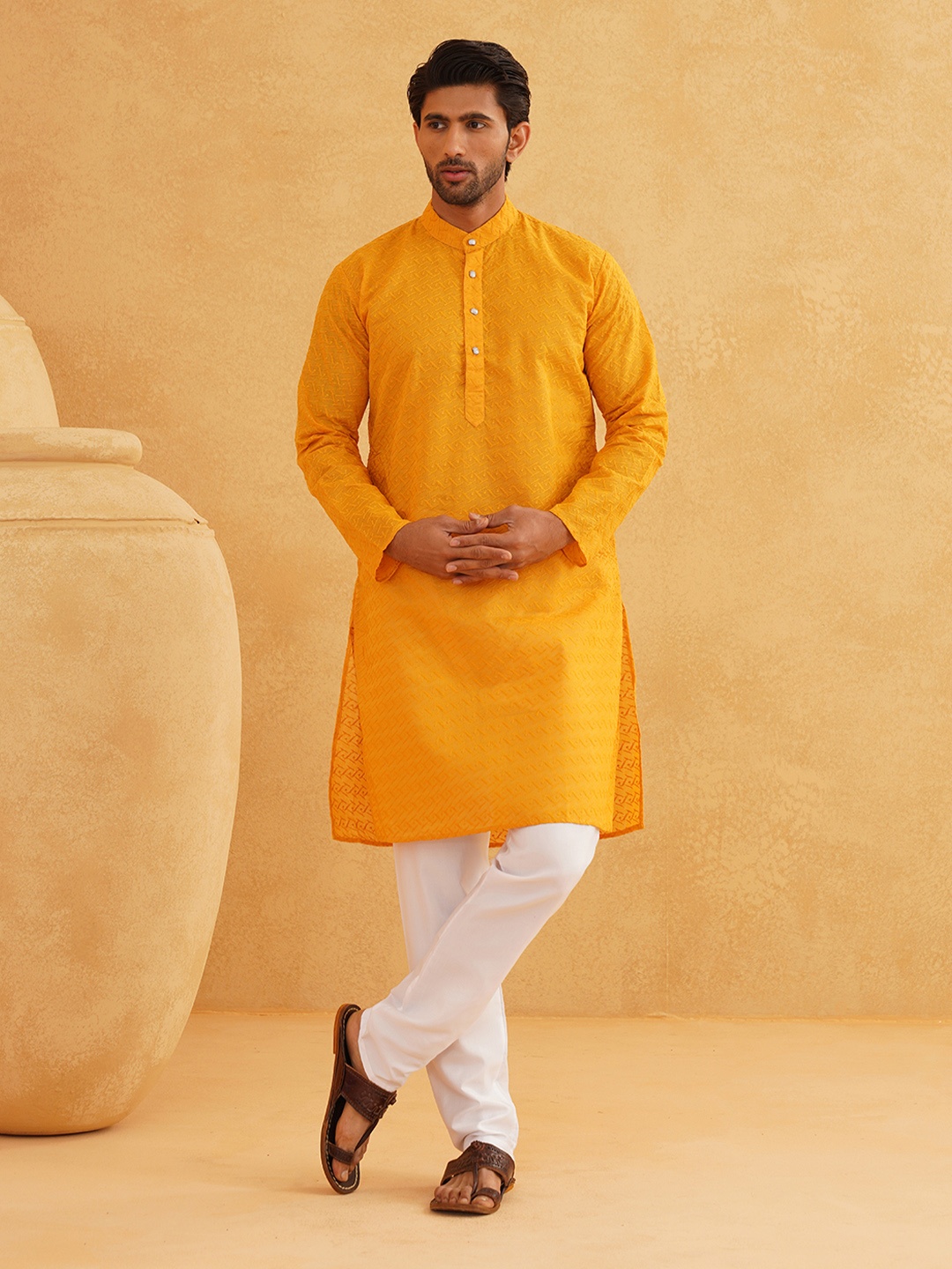 

SOJANYA Ethnic Motifs Embroidered Thread Work Pure Cotton Kurta With Churidar, Mustard