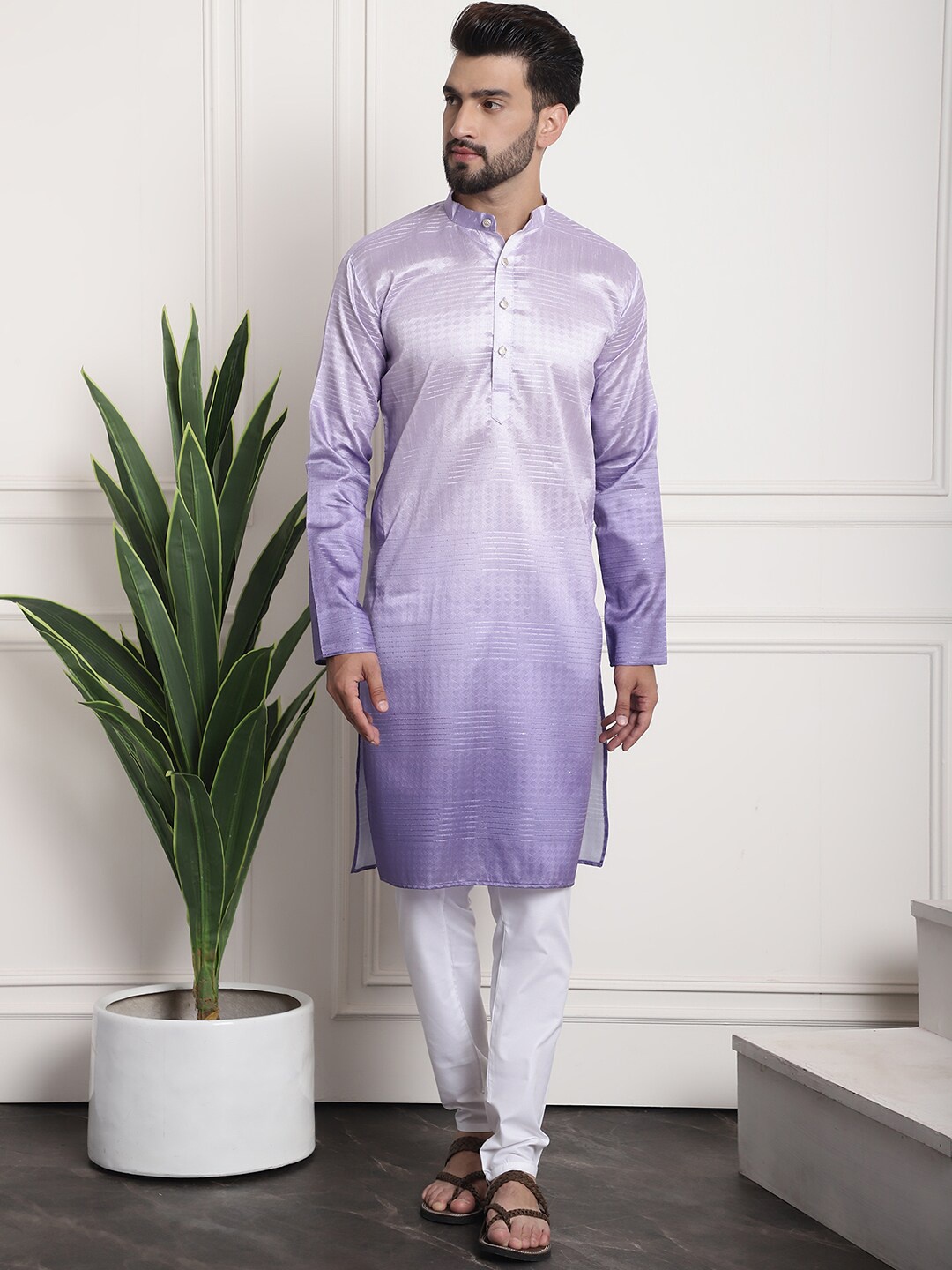 

SOJANYA Mandarin Collar Jacquard Silk Striped Regular Kurta with Churidar, Purple