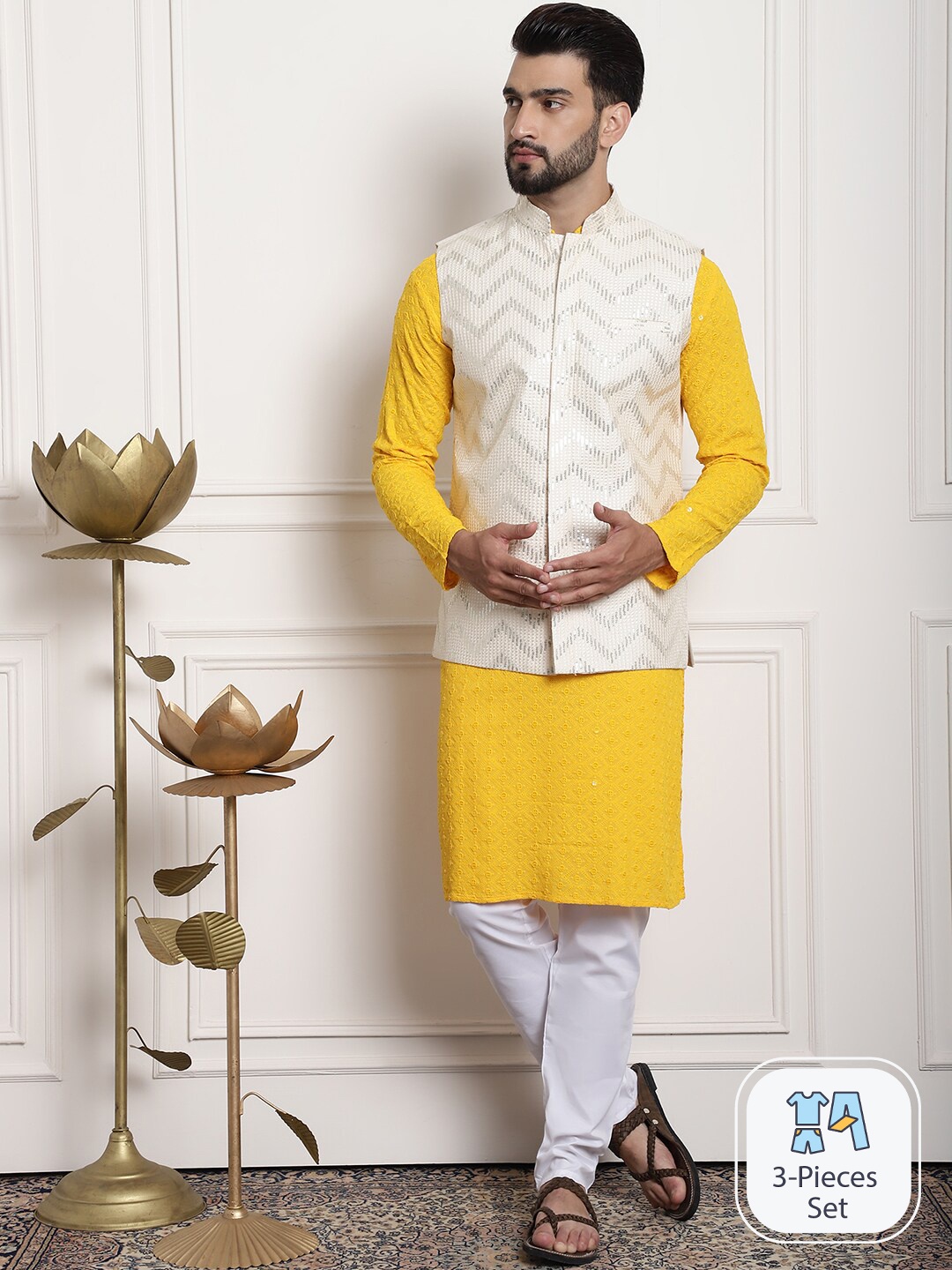 

SOJANYA Ethnic Motifs Sequinned Embroidered Pure Cotton Kurta With Churidar & Nehru Jacket, Mustard