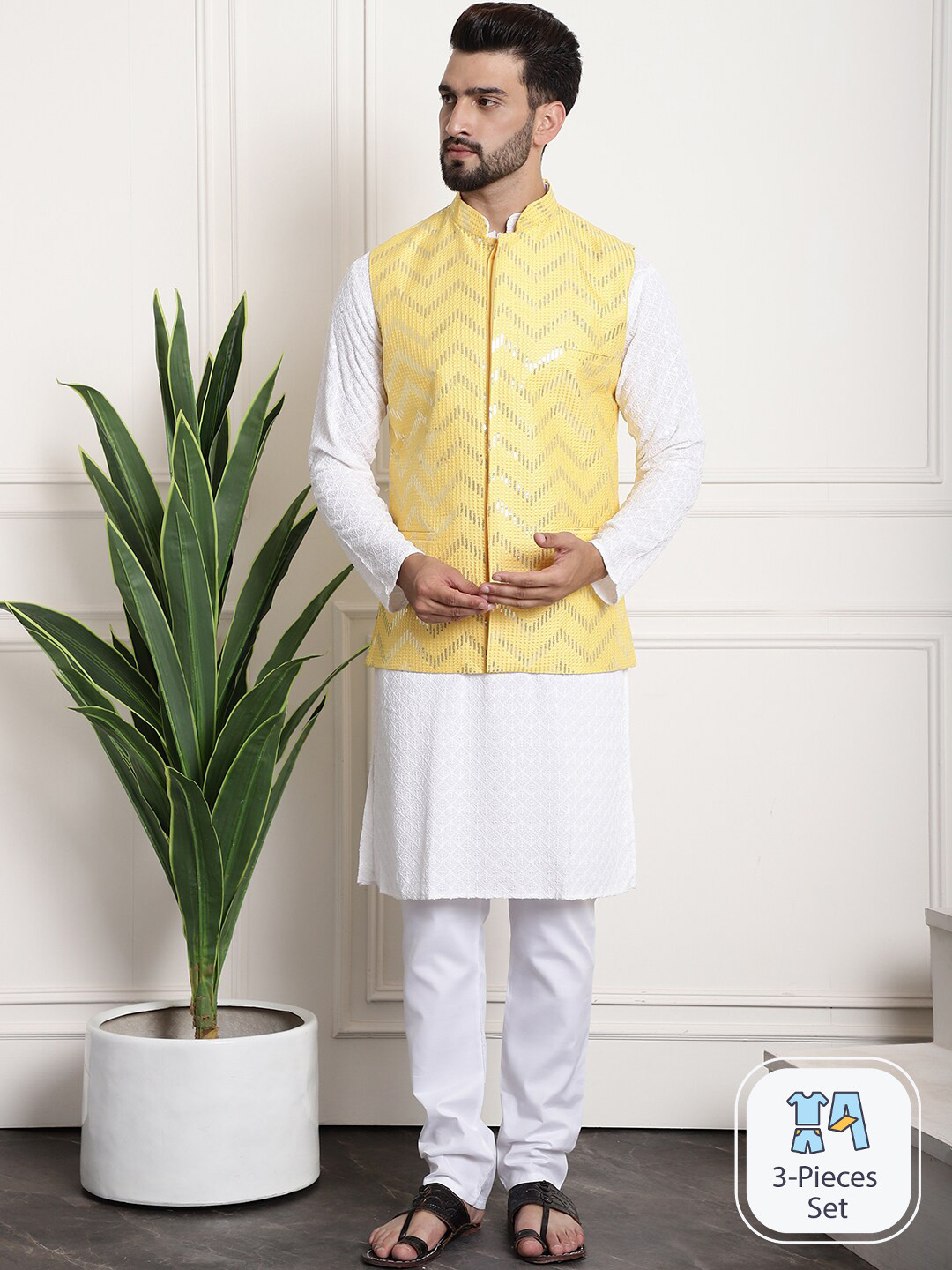 

SOJANYA Ethnic Motifs Sequinned Embroidered Pure Cotton Kurta With Churidar & Nehru Jacket, White