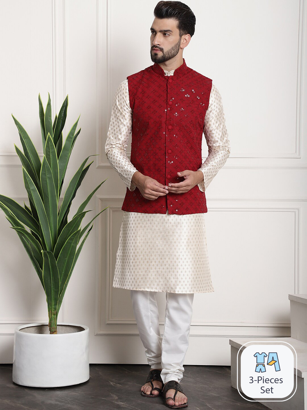 

SOJANYA Ethnic Motifs Printed Sequinned Regular Kurta With Churidar & Nehru Jacket, Cream
