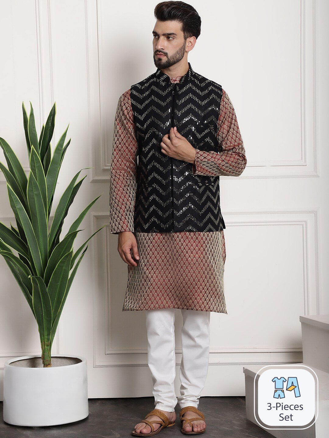 

SOJANYA Woven Design Sequinned Regular Kurta With Churidar & Nehru Jacket, Maroon