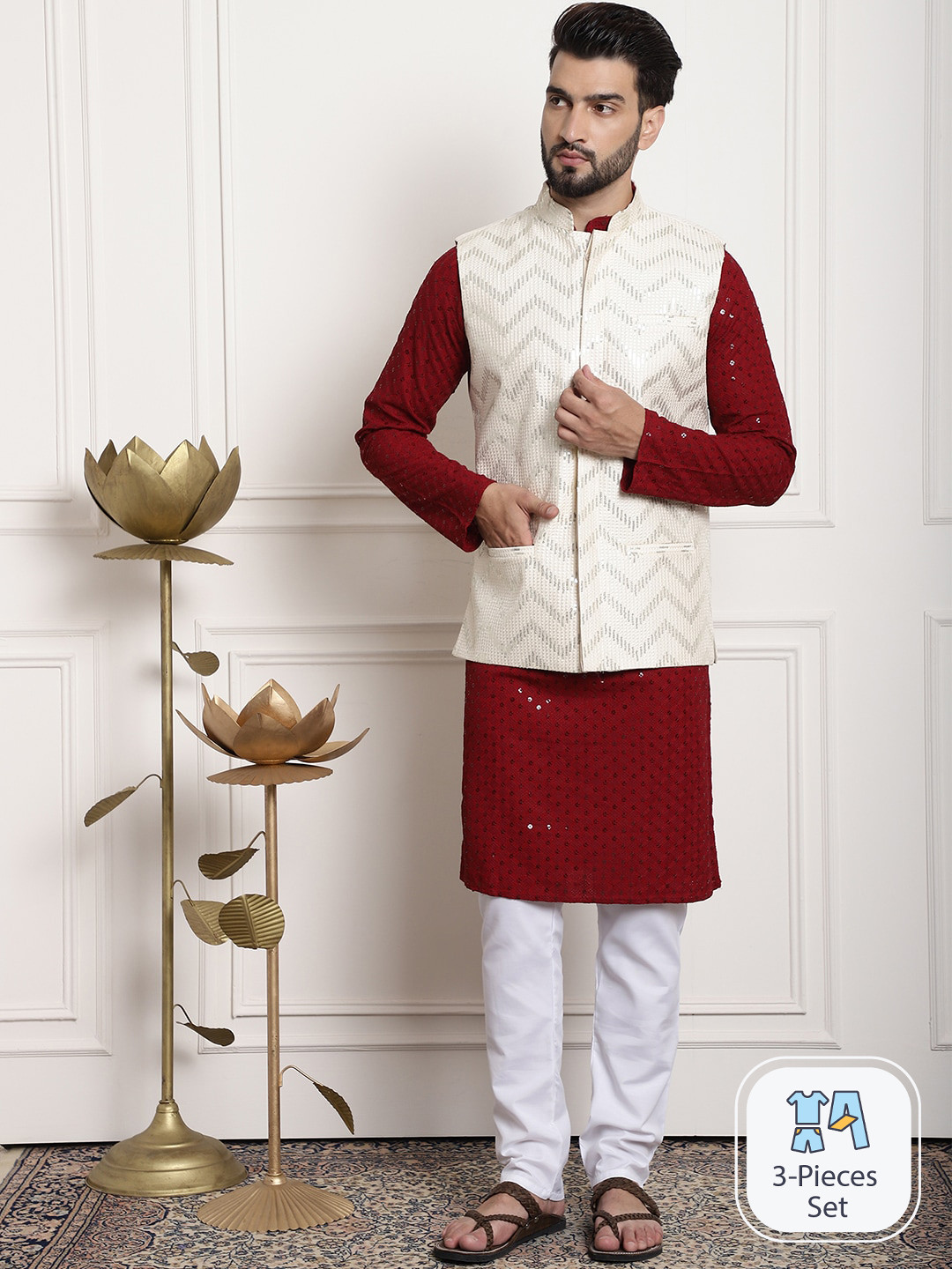 

SOJANYA Ethnic Motifs Sequinned Embroidered Pure Cotton Kurta With Churidar & Nehru Jacket, Maroon
