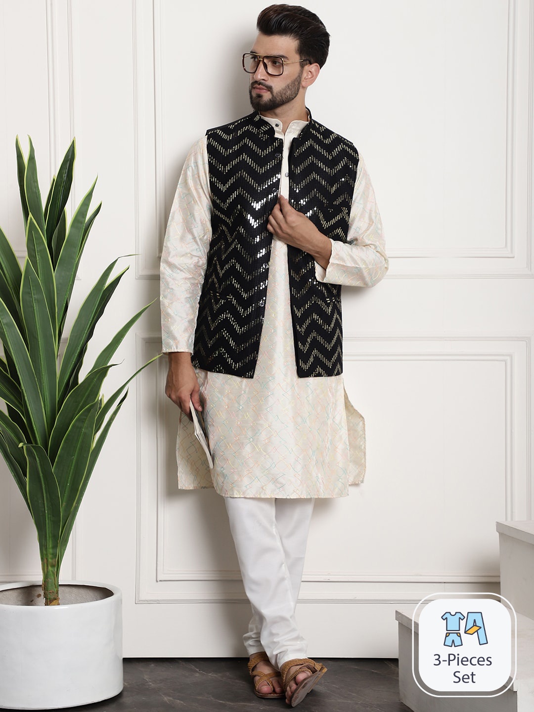 

SOJANYA Embroidered Thread Work Silk Cotton Kurta With Churidar & Nehru Jacket, Cream