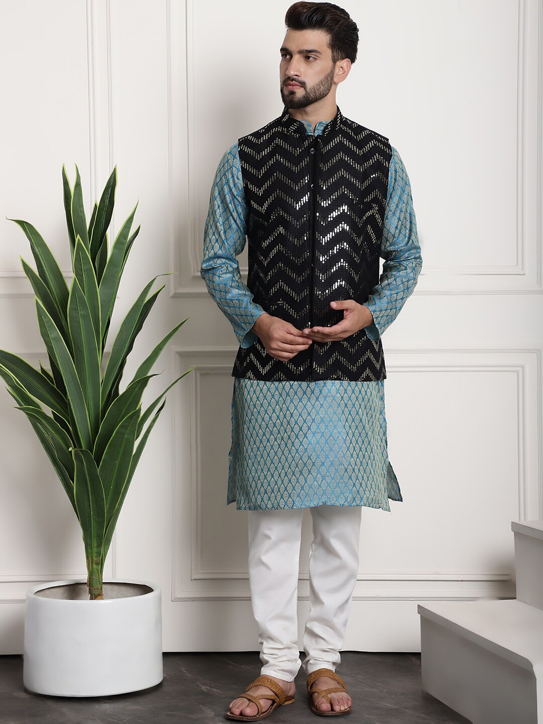 

SOJANYA Ethnic Woven Design Jacquard Silk Cotton Kurta With Churidar & Nehru Jacket, Blue