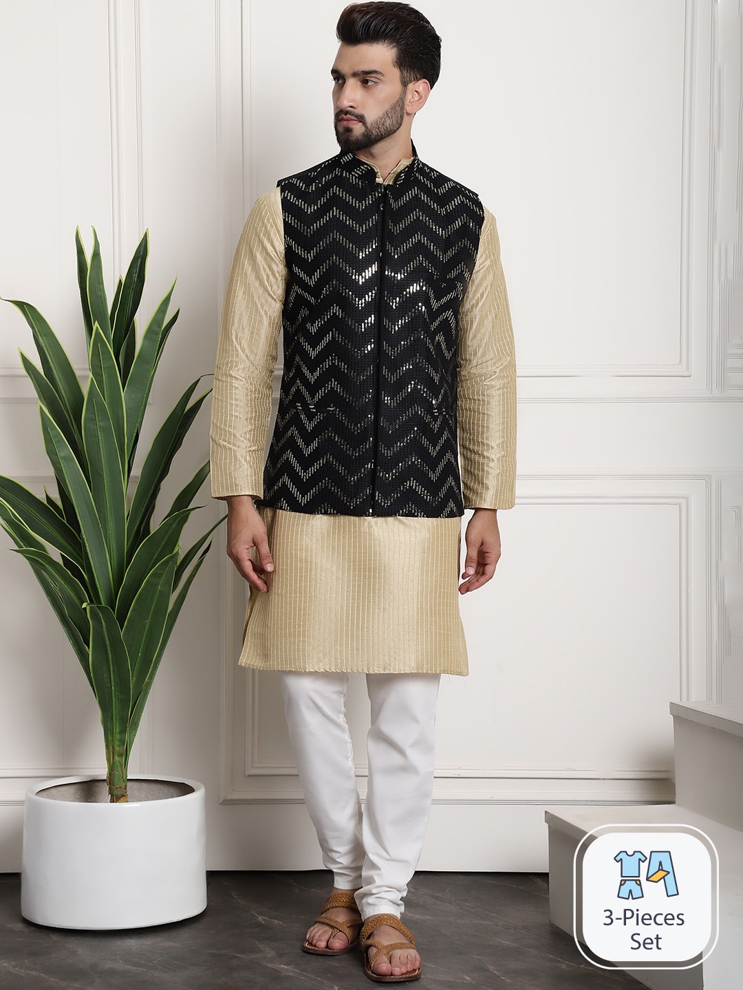 

SOJANYA Striped Regular Silk Cotton Kurta With Churidar & Embellished Nehru Jacket, Gold