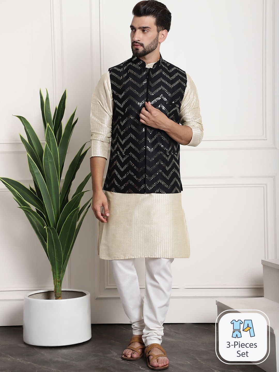 

SOJANYA Striped Regular Silk Cotton Kurta With Churidar & Embellished Nehru Jacket, Cream