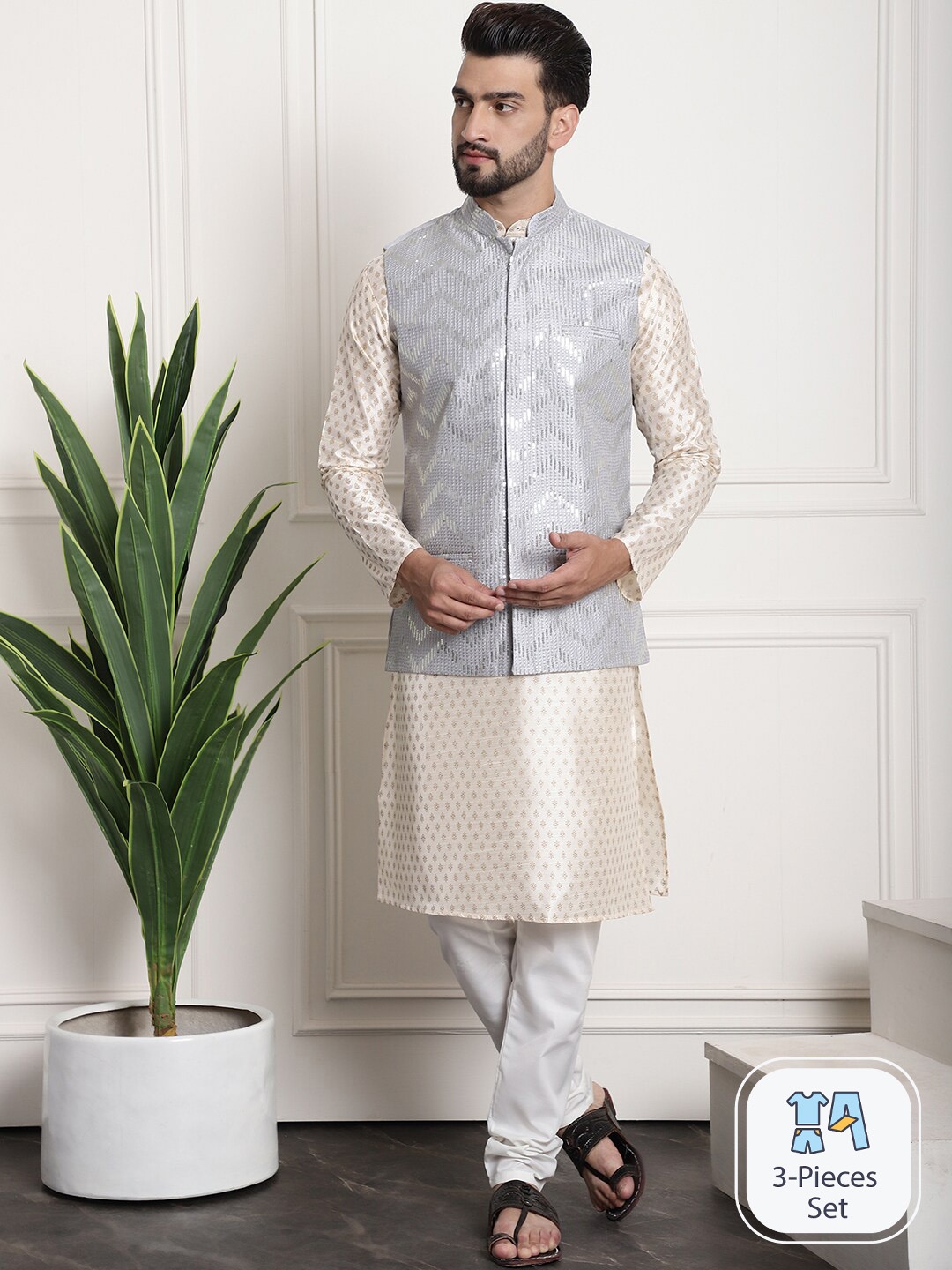 

SOJANYA Ethnic Motifs Printed Straight Kurta & Churidar With Nehrujacket, Cream