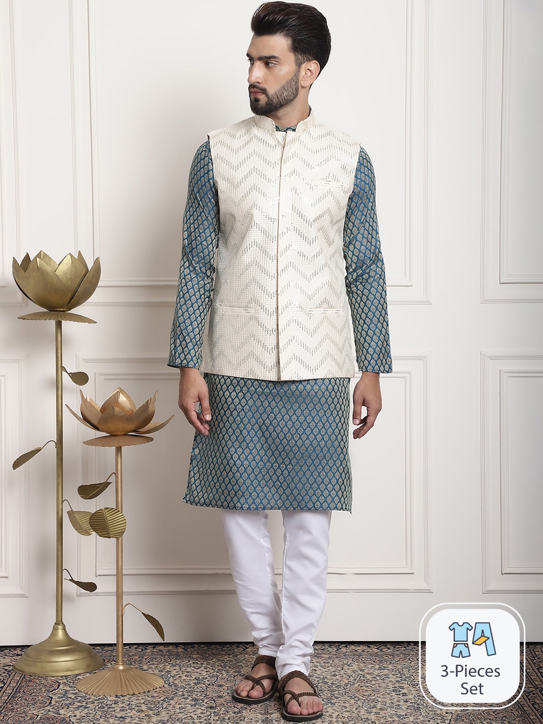 

SOJANYA Ethnic Motifs Woven Design Jacquard Silk Cotton Kurta With Churidar & Nehru Jacket, Blue