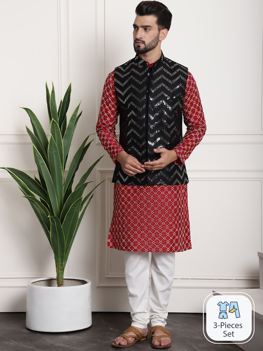 

SOJANYA Sequinned Embroidered Regular Kurta With Churidar & Nehru Jacket, Maroon