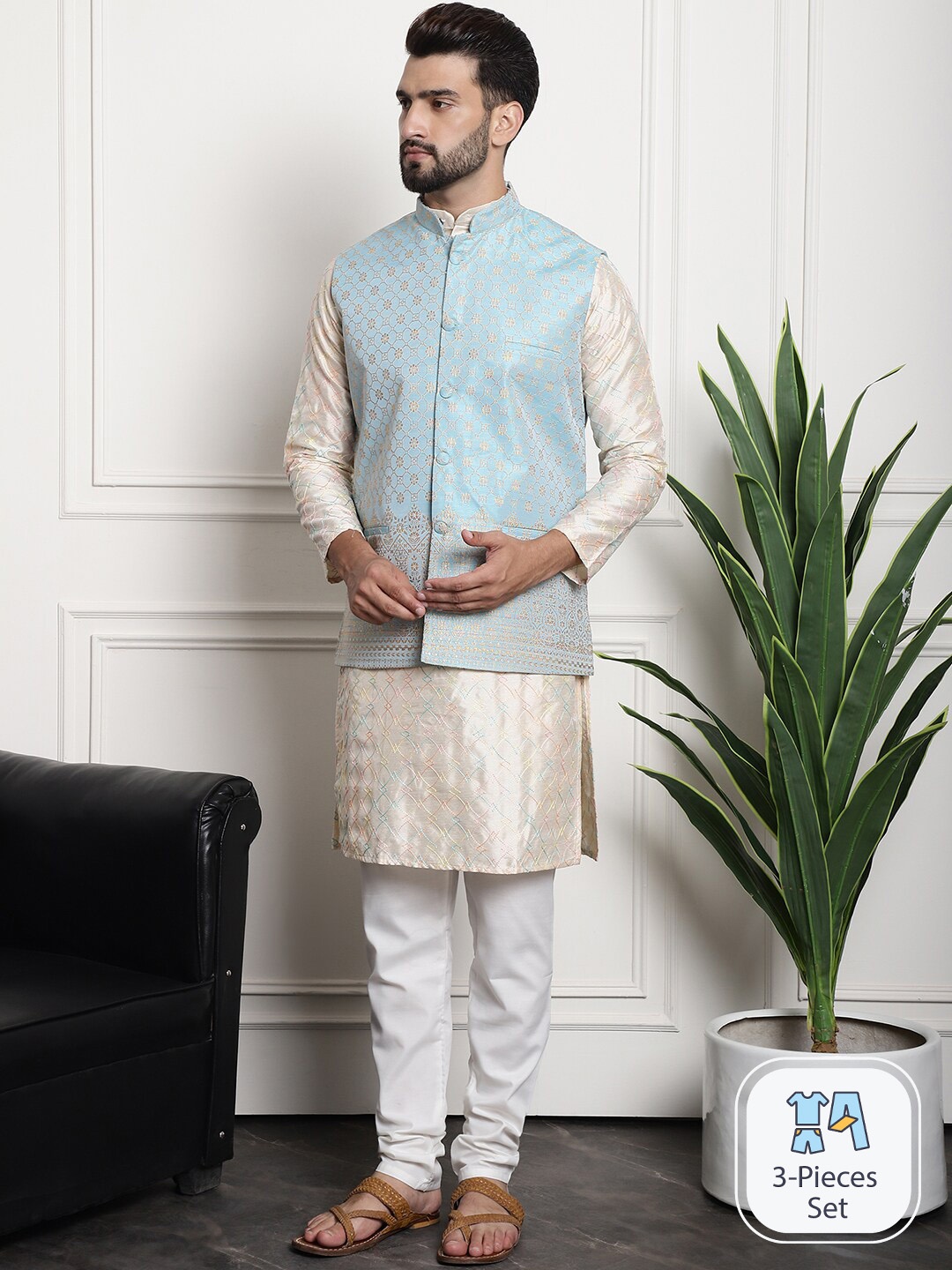 

SOJANYA Embroidered Regular Kurta With Churidar & Nehru Jacket, Cream