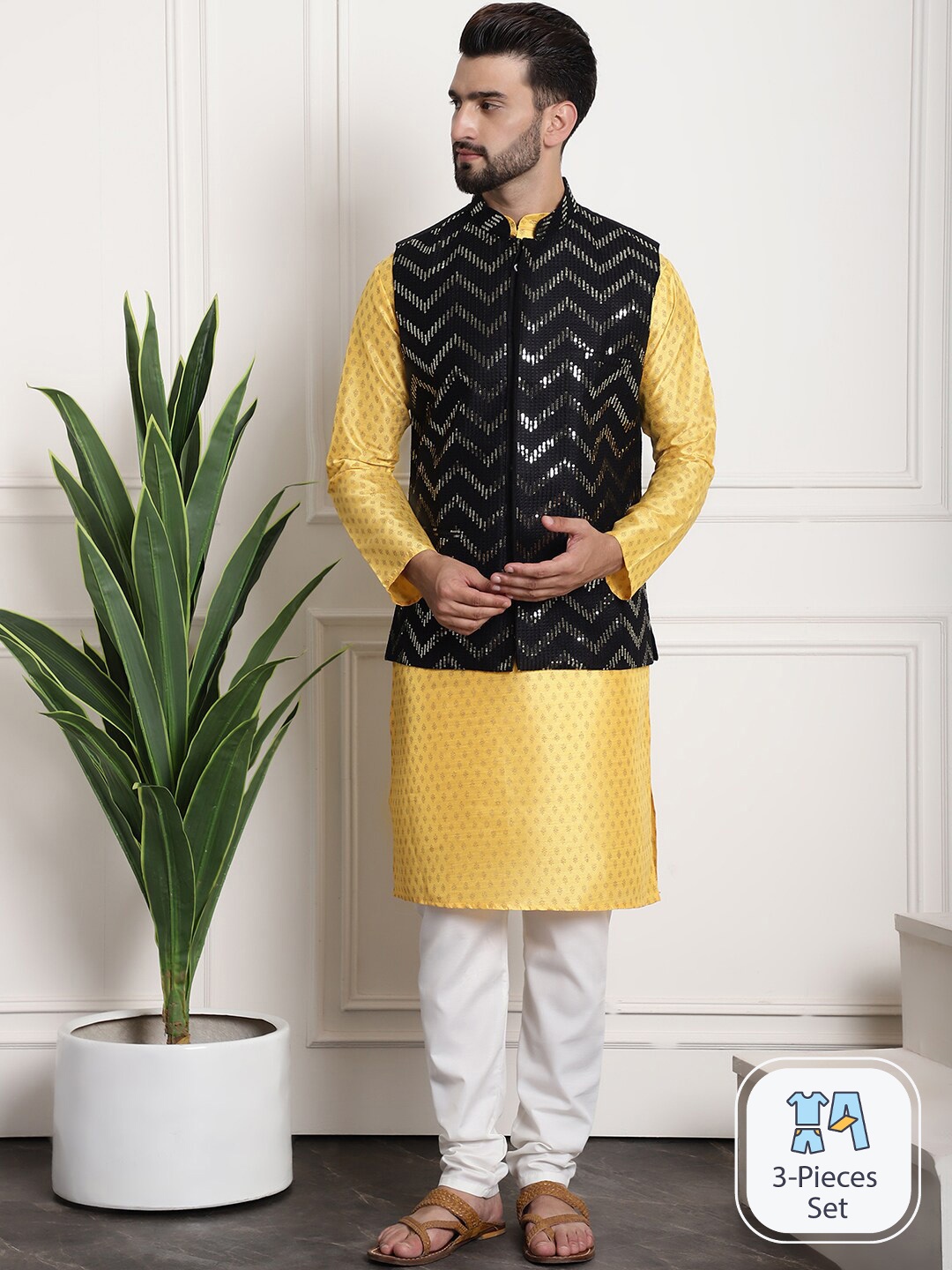 

SOJANYA Ethnic Motifs Printed Regular Kurta And Churidar With Nehru jacket, Mustard