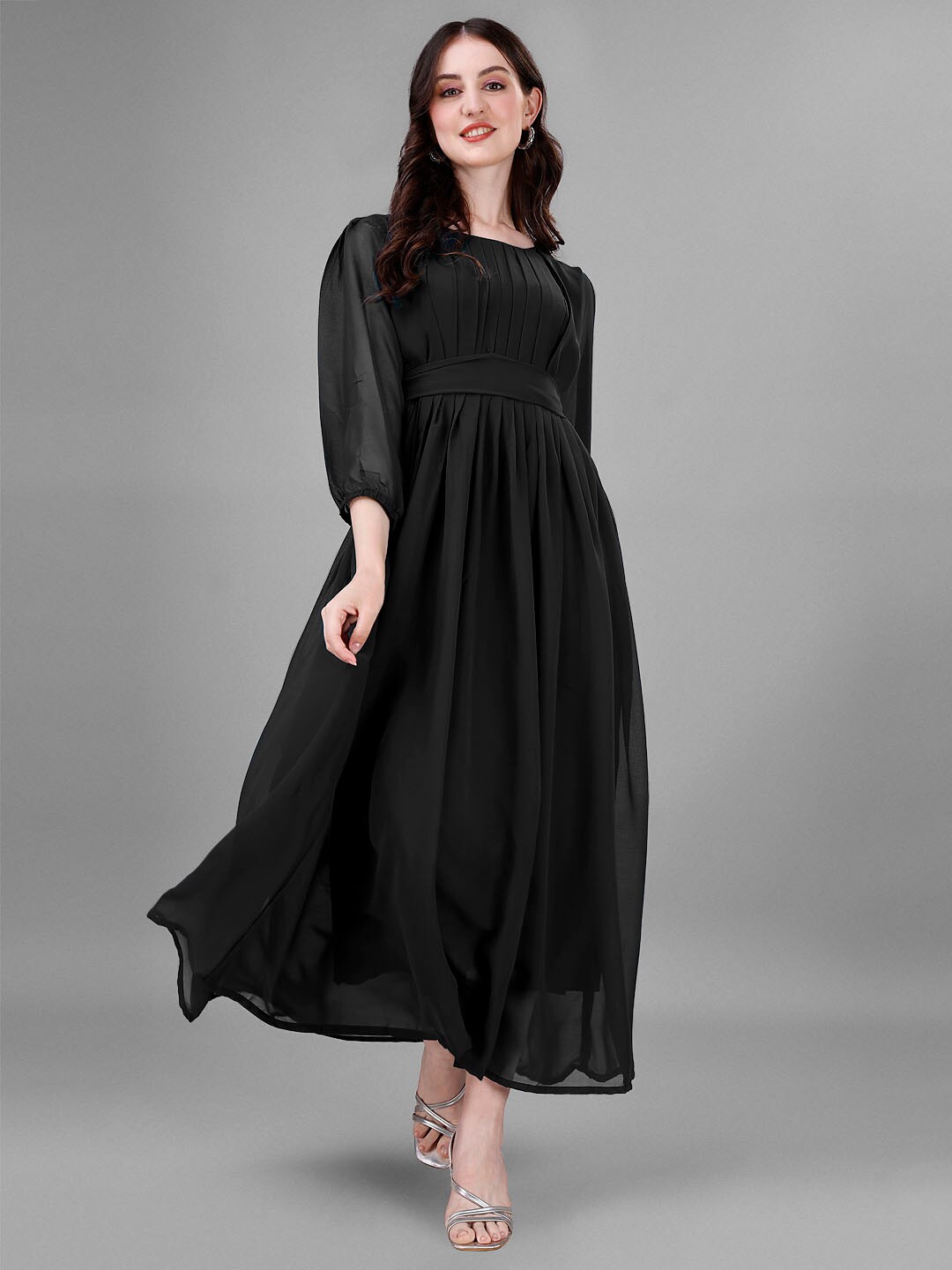 

Femvy Puff Sleeves Accordion Pleated Georgette Maxi Dress, Black