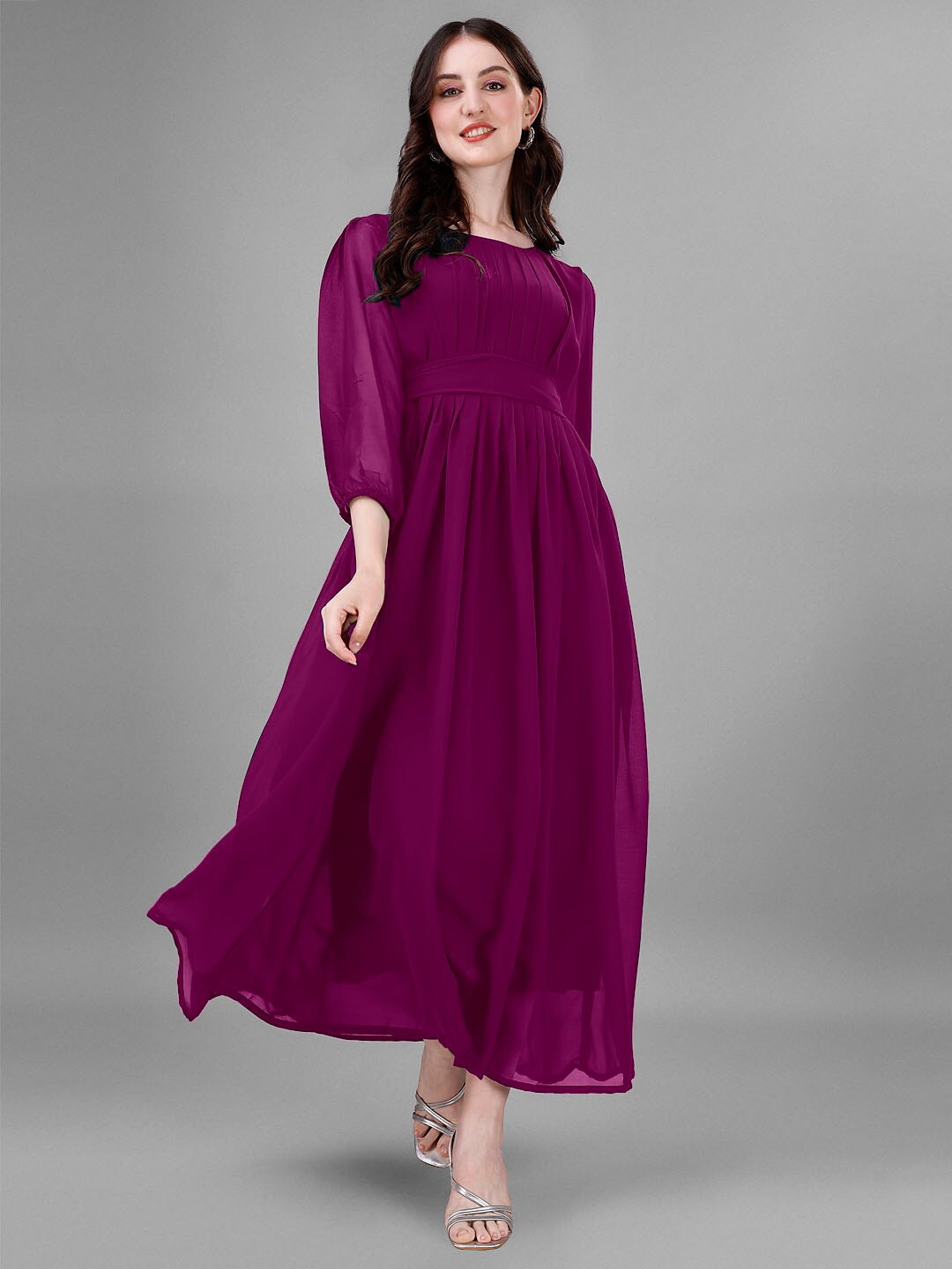 

Femvy Round Neck Puff Sleeve Pleated Fit & flare Maxi Georgette Dress, Magenta