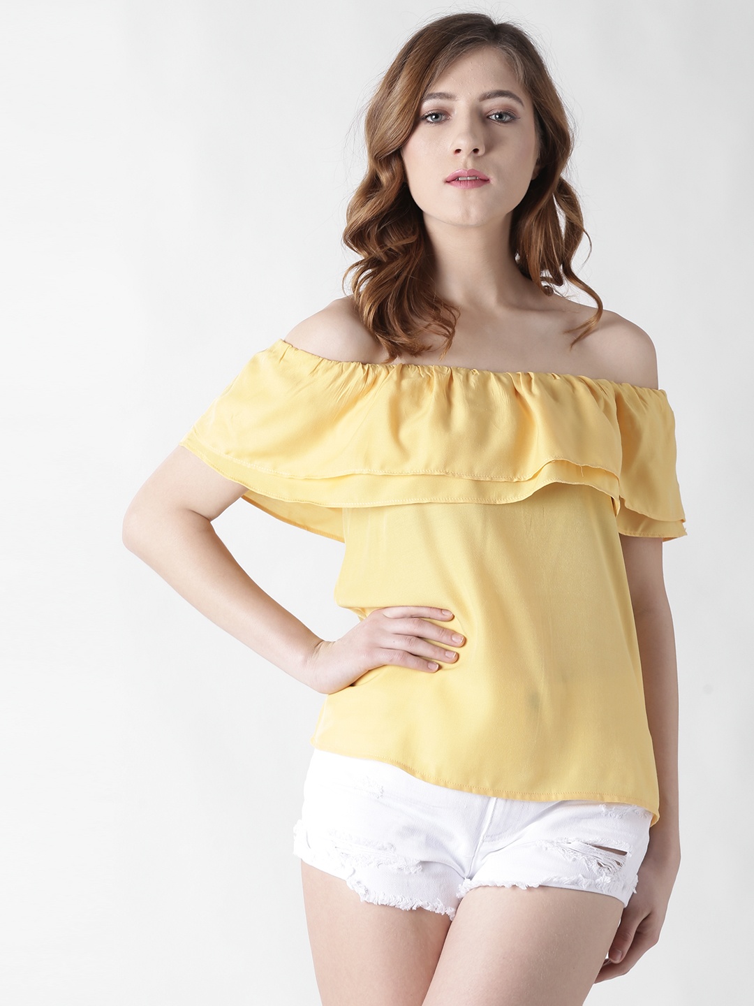 

FOREVER 21 Women Yellow Solid Bardot Top