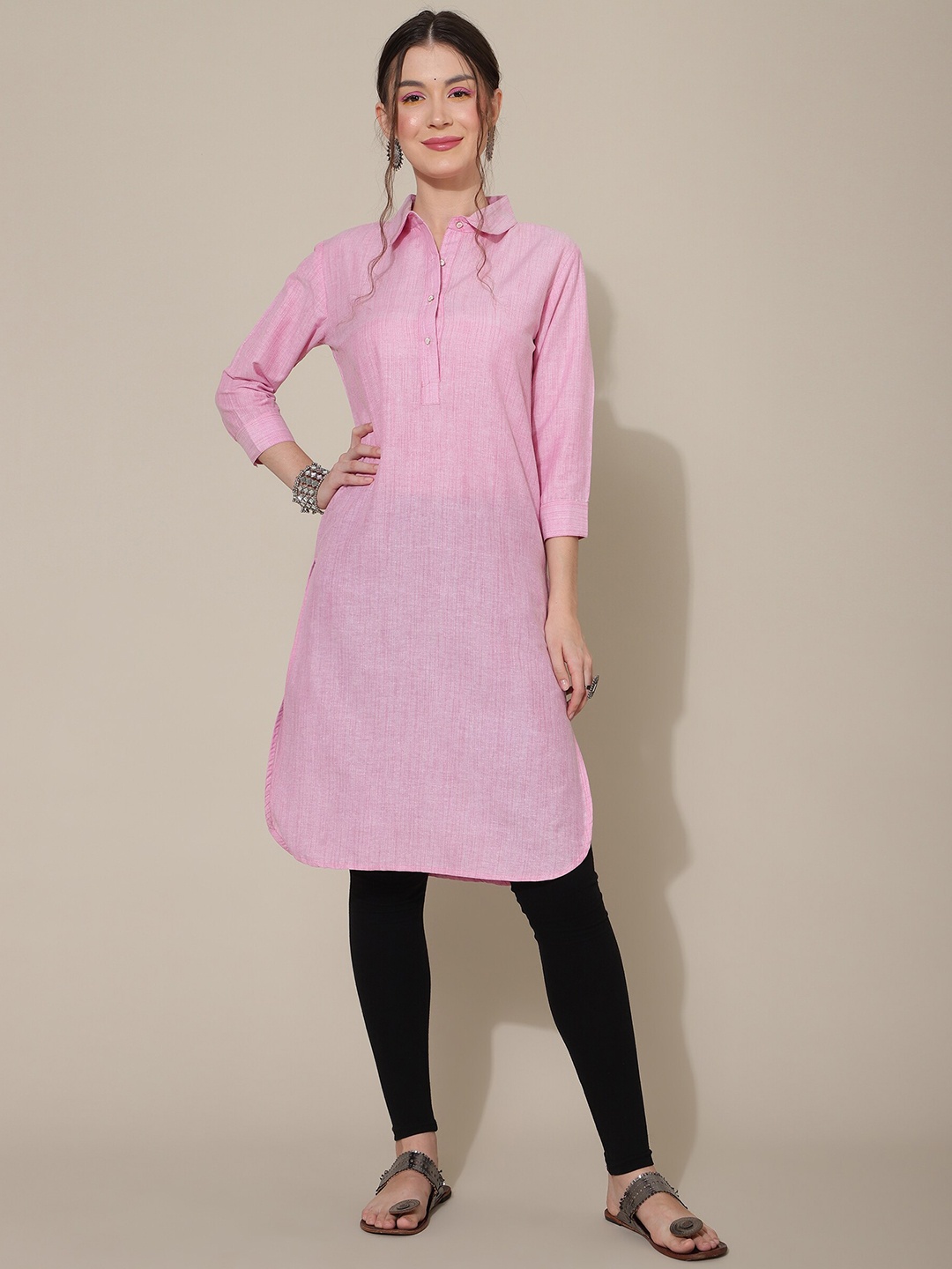 

KALINI Shirt Collar Cotton Kurta, Pink