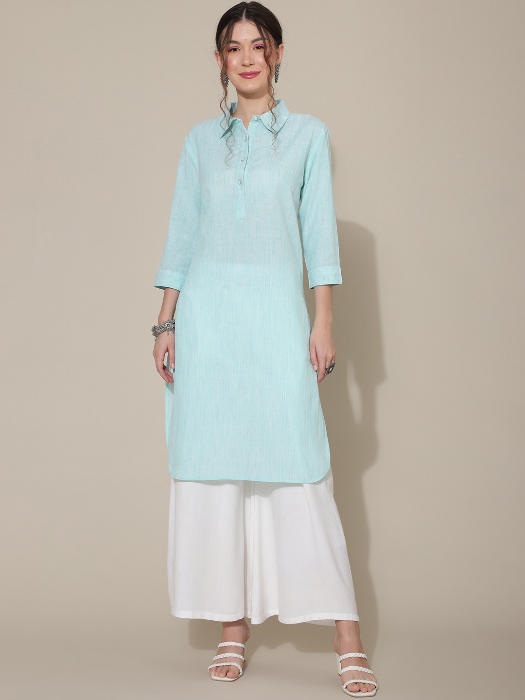 

KALINI Shirt Collar Cotton Kurta, Blue