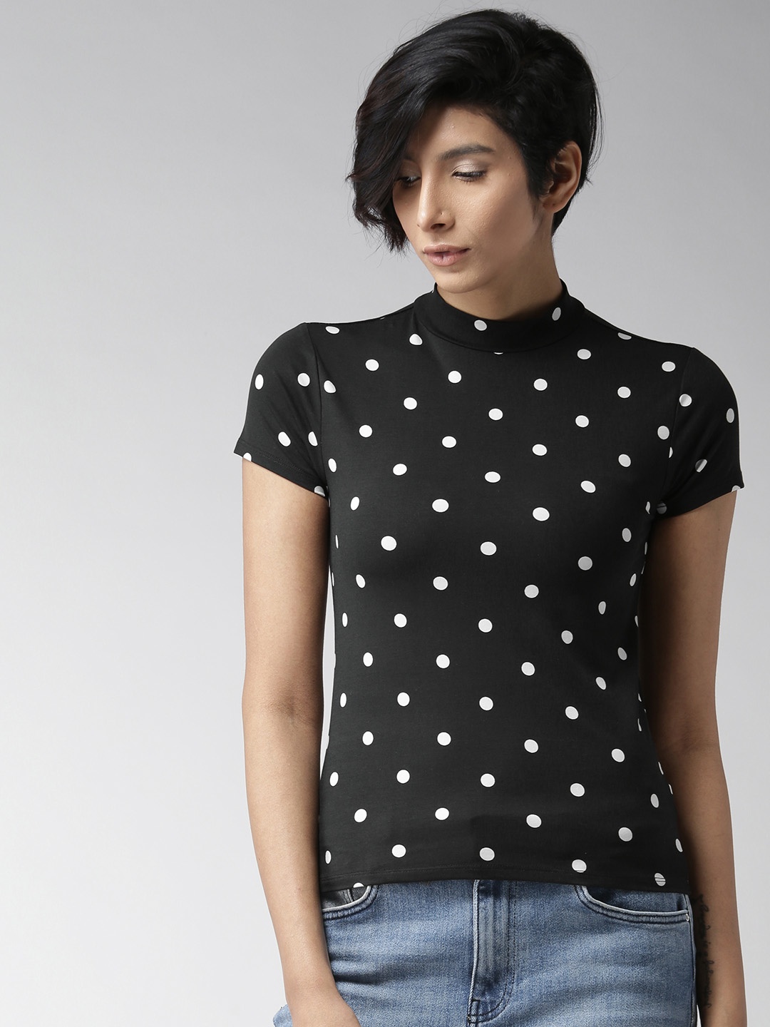 

FOREVER 21 Women Black Polka Dot Print Fitted Top
