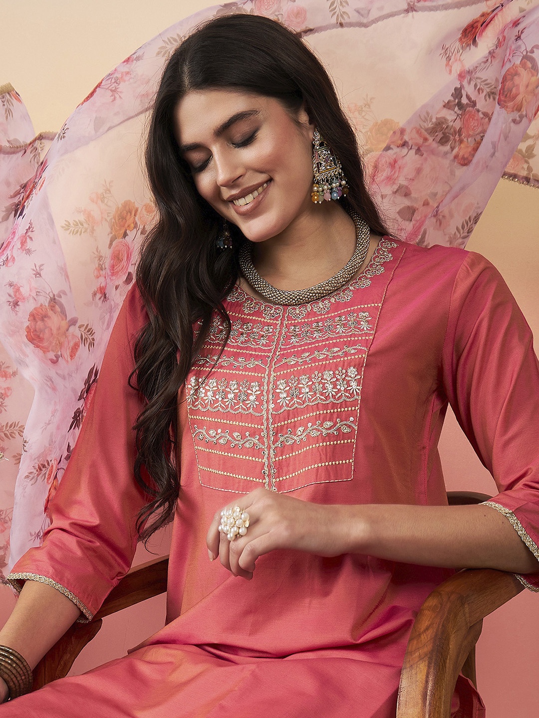 

Indo Era Floral Embroidered Sequinned Kurta with Trousers & Dupatta, Pink
