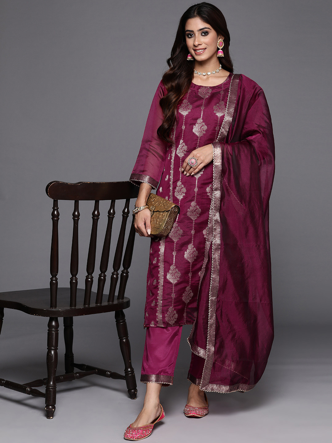 

Indo Era Women Ethnic Motifs Woven Design Chanderi Silk Kurta with Trousers & With Dupatta, Burgundy