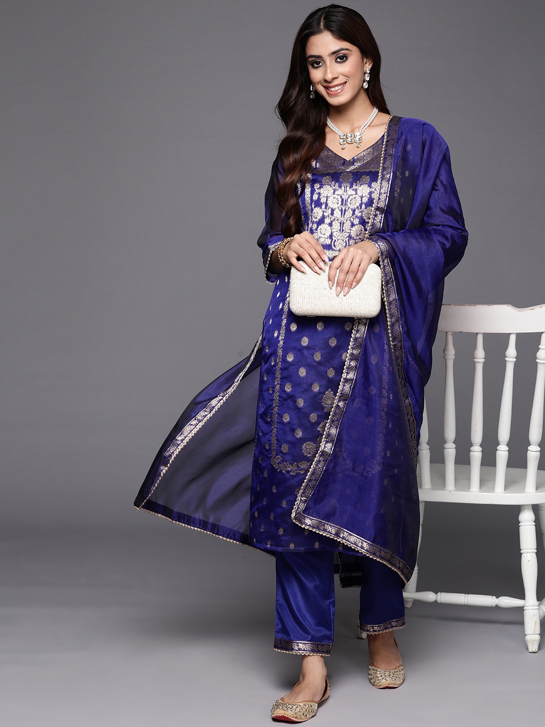 

Indo Era Women Ethnic Motifs Woven Design Chanderi Silk Kurta with Trousers & With Dupatta, Blue