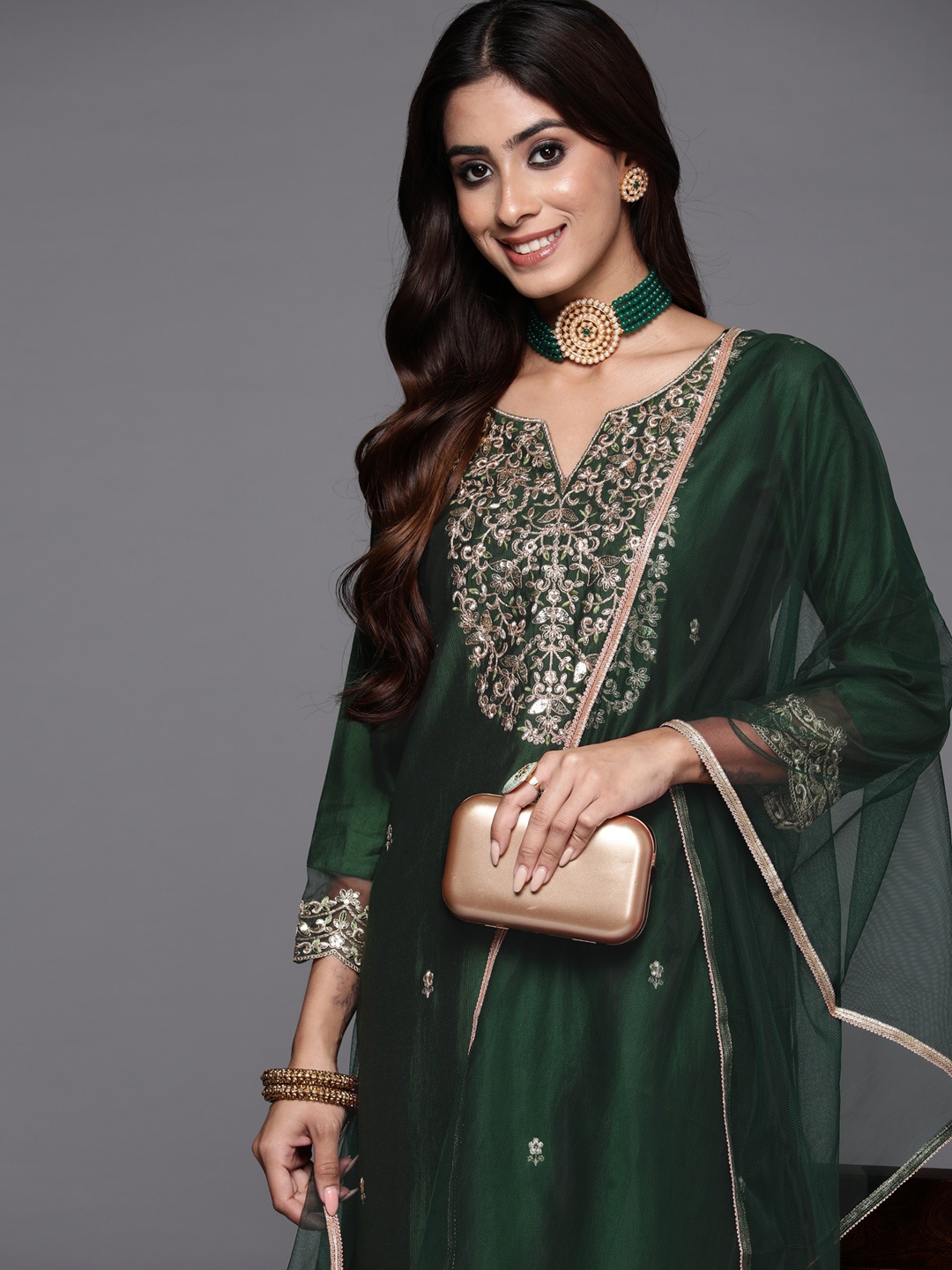 

Indo Era Women Embroidered Straight Kurta & Trousers With Dupatta, Green