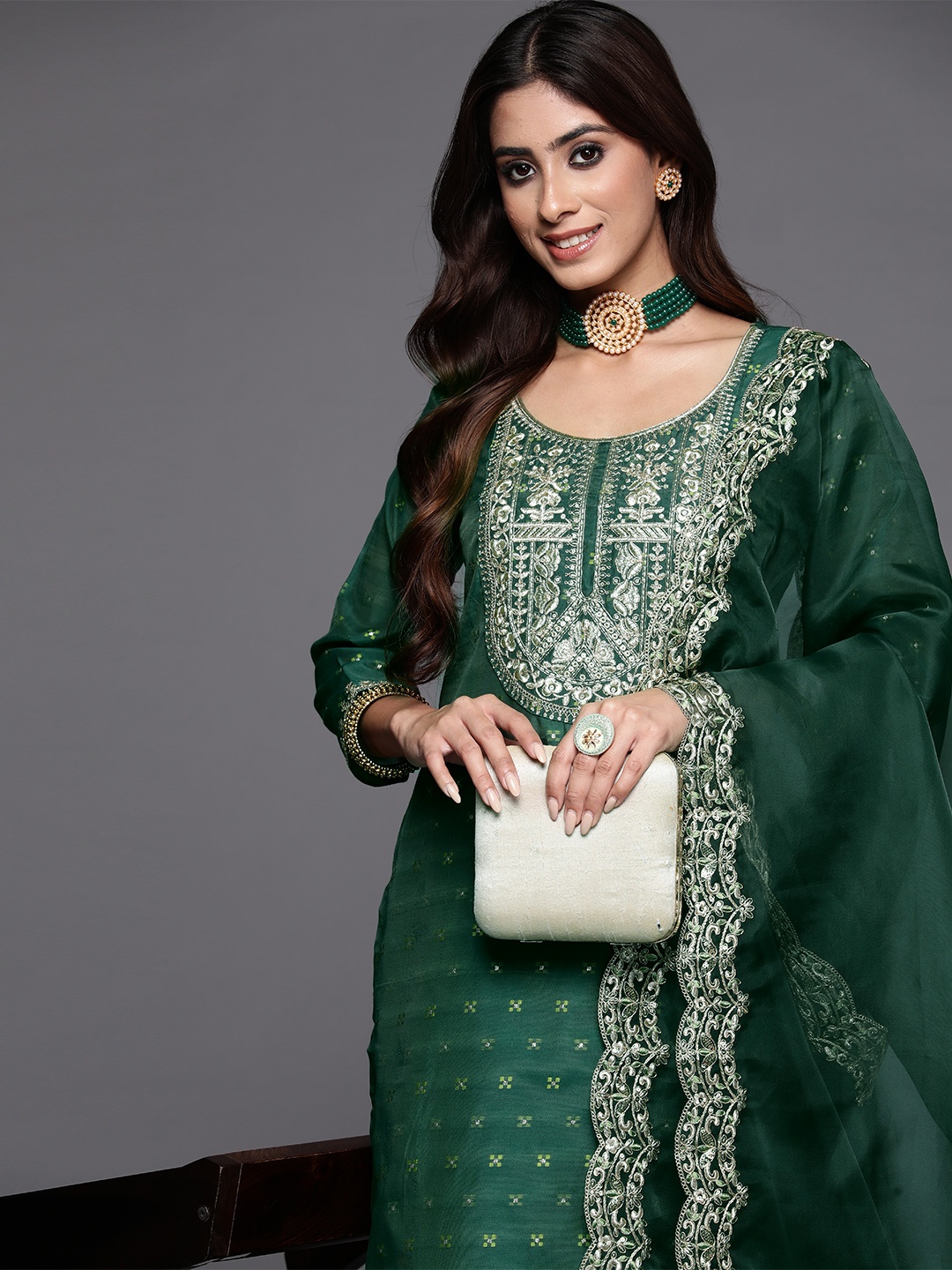 

Indo Era Women Floral Embroidered Regular Chanderi Silk Kurta with Trousers & Dupatta, Green