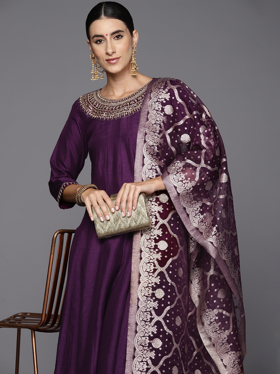 

Indo Era Embroidered Maxi Ethnic Dress With Dupatta, Purple