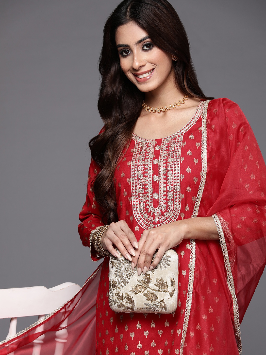 

Indo Era Women Ethnic Motifs Embroidered Regular Sequined Kurta with Palazzos & Dupatta, Red