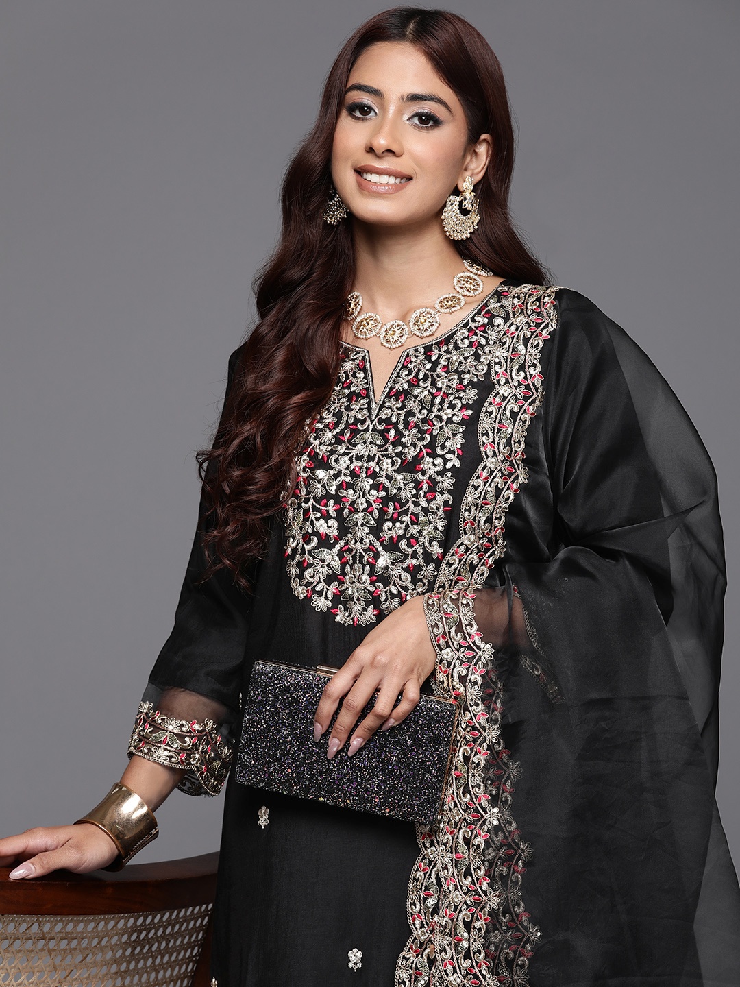 

Indo Era Floral Embroidered Regular Sequinned Liva Kurta with Trousers & Dupatta, Black