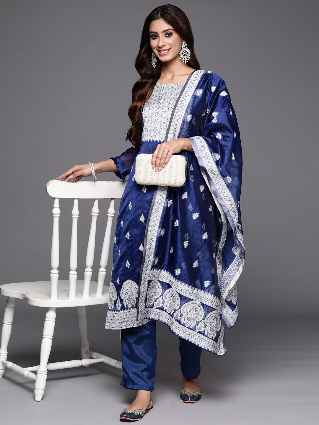 

Indo Era Women Ethnic Motifs Regular Chanderi Silk Kurta with Trousers & Dupatta, Blue