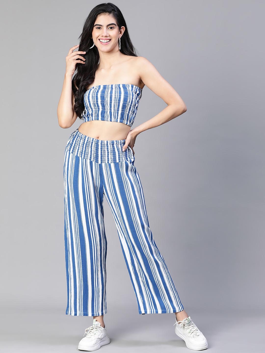 

Oxolloxo Striped Elsaticated Pant with Bustier Crop Top Co-Ord Set, Blue