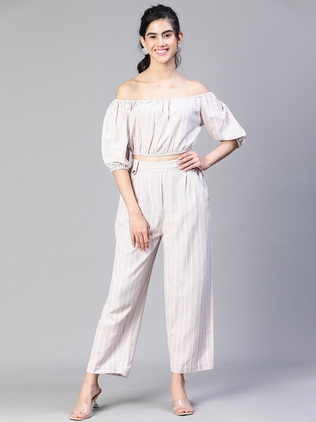 

Oxolloxo Striped Off Shoulder Top Elasticated Pant Co-Ord Set, White