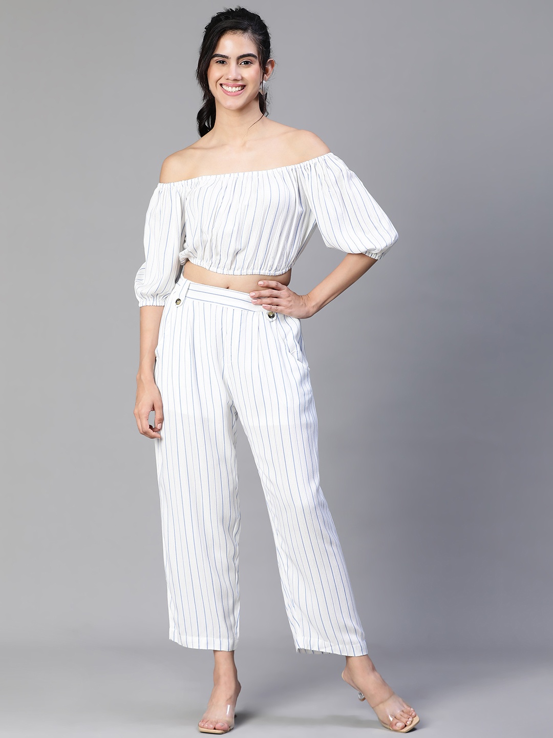 

Oxolloxo Striped Off Shoulder Top With Elasticated Pant Co-Ord Set, White