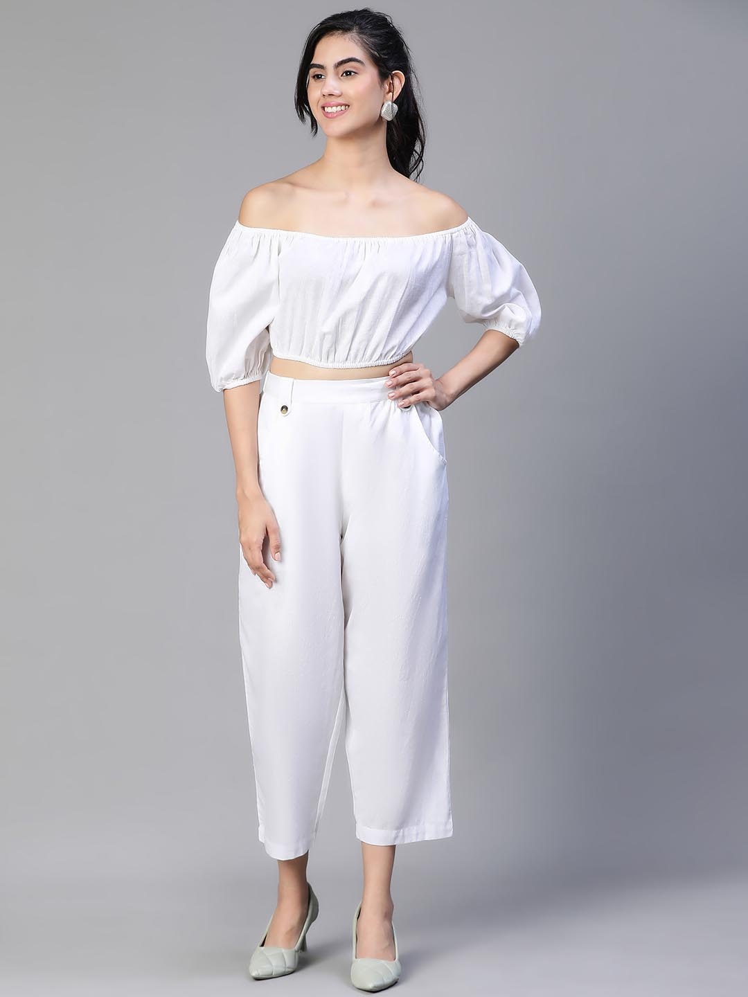 

Oxolloxo Cold Shoulder Top Elasticated Pant Co-Ord Set, Off white