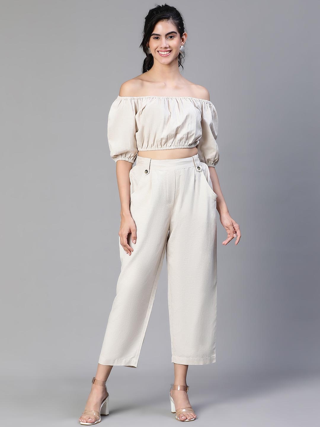 

Oxolloxo Cold Shoulder Top Elasticated Pant Co-Ord Set, Beige