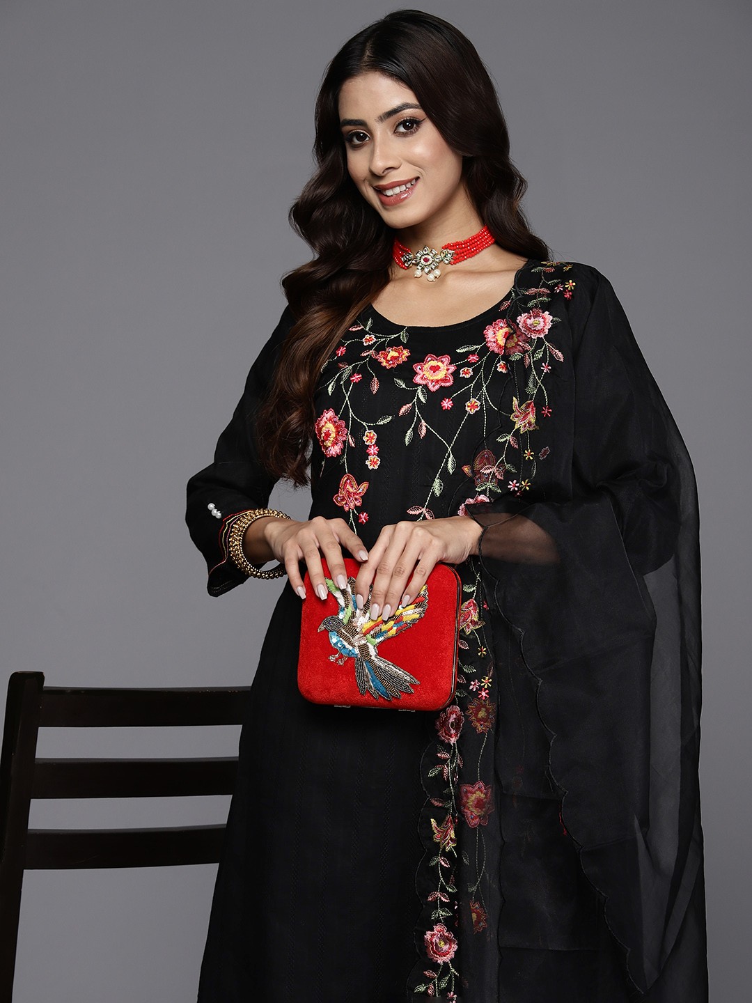 

Indo Era Women Floral Embroidered Pure Cotton Kurta with Trousers & Dupatta, Black