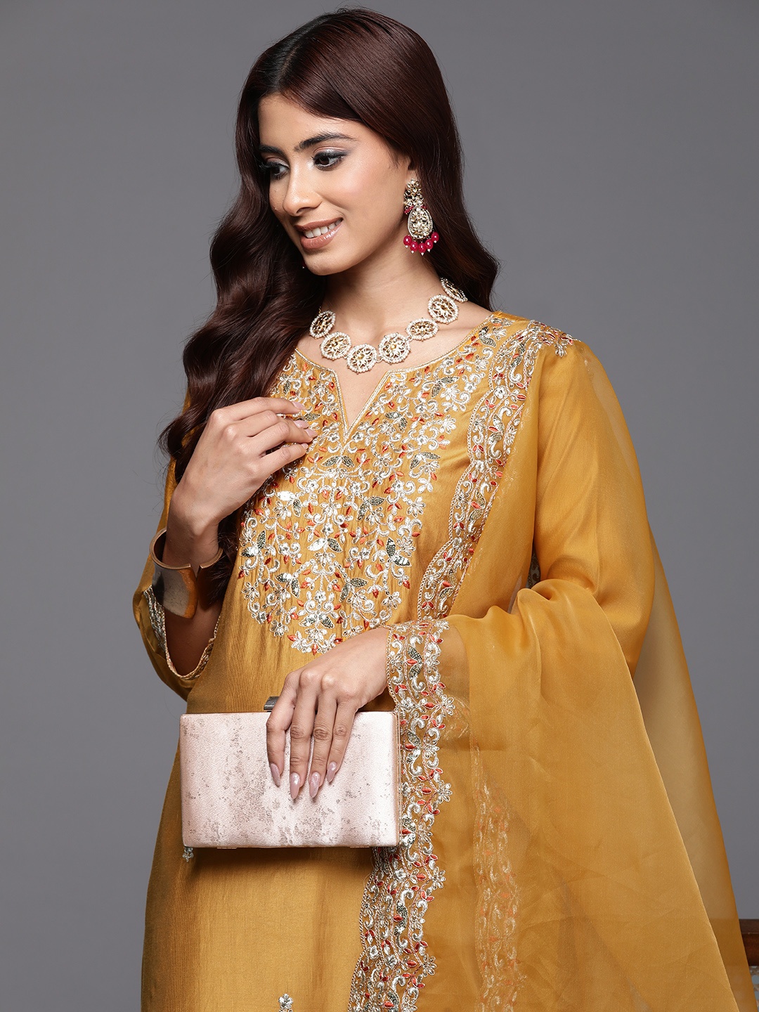 

Indo Era Floral Embroidered Sequinned Liva Kurta with Trousers & Dupatta, Mustard